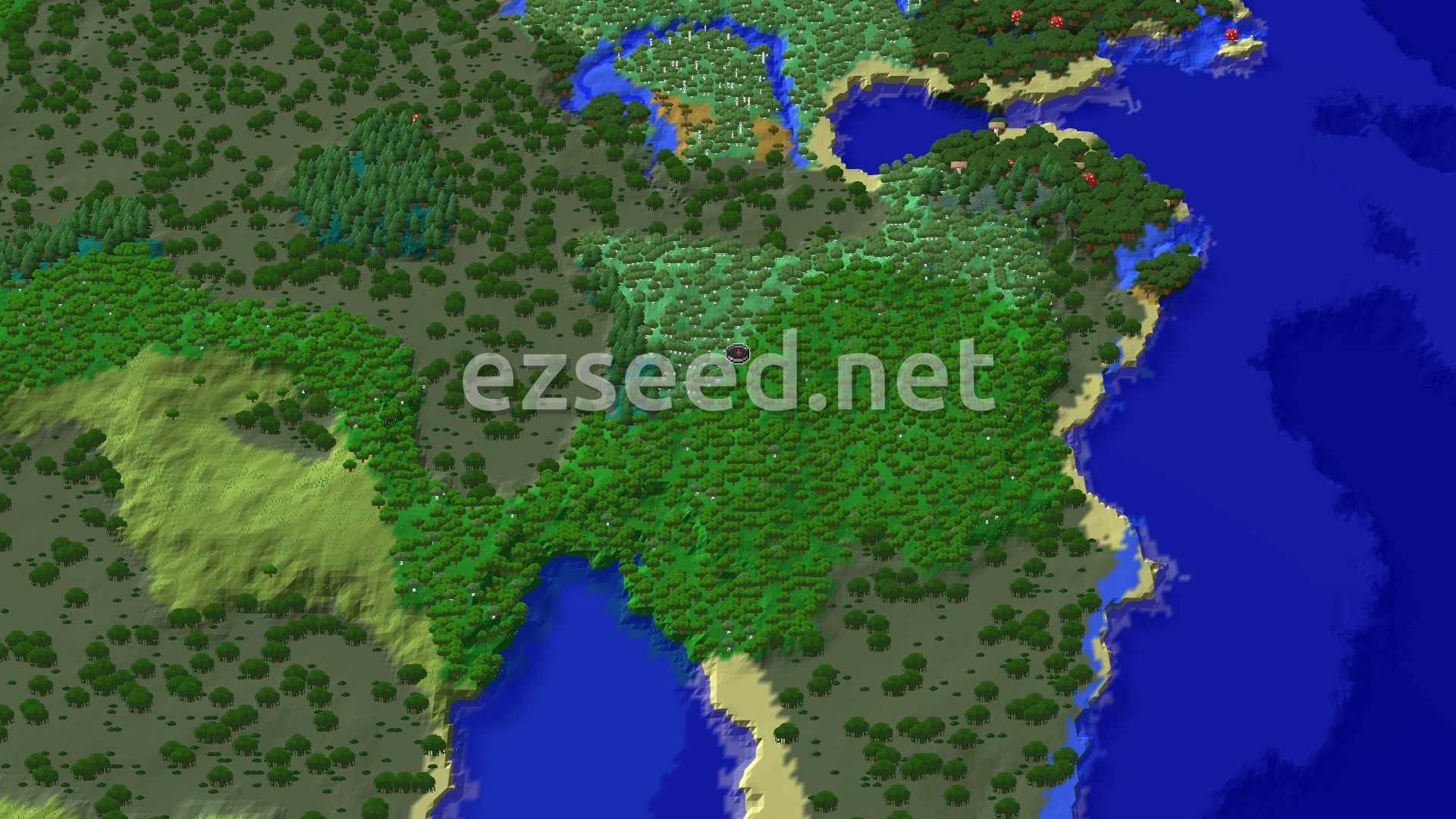 An aerial view of a mostly forested landscape with patches of lighter green hills, a winding river, and a large ocean to the east. A small marker indicates the spawn point in the center of a dense forest.