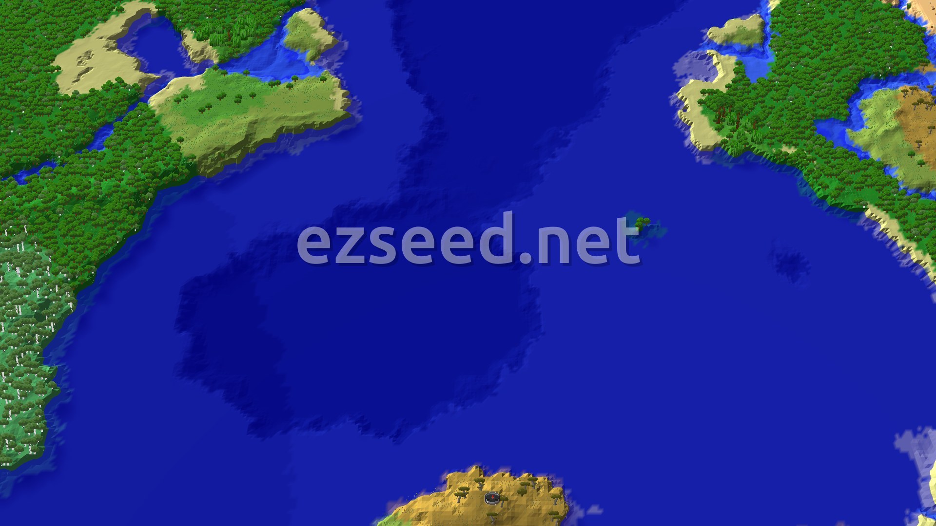 A 3D overhead view of a diverse landscape featuring a mix of green forests, light brown plains, and blue oceans, with a small marker at the spawn point.