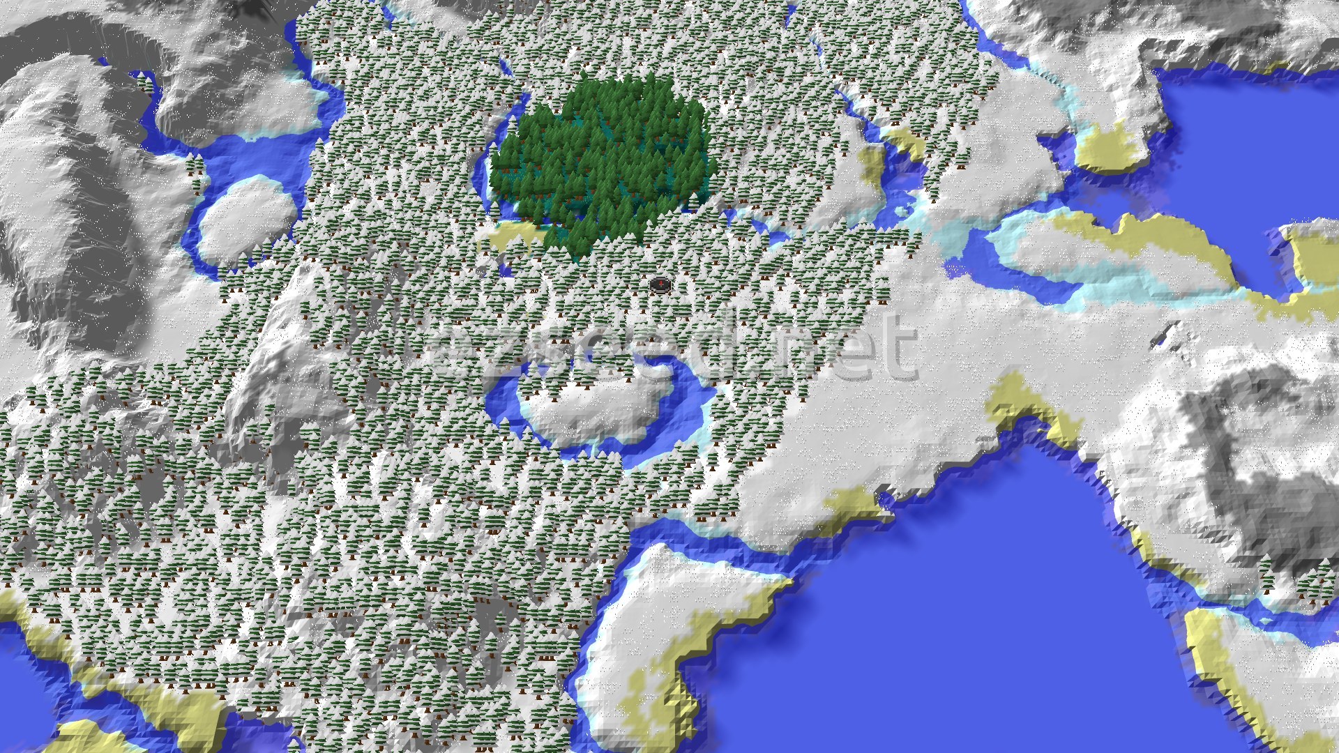 A 3D fly-over of a snowy taiga landscape with sparse trees and some frozen water, under a clear sky.