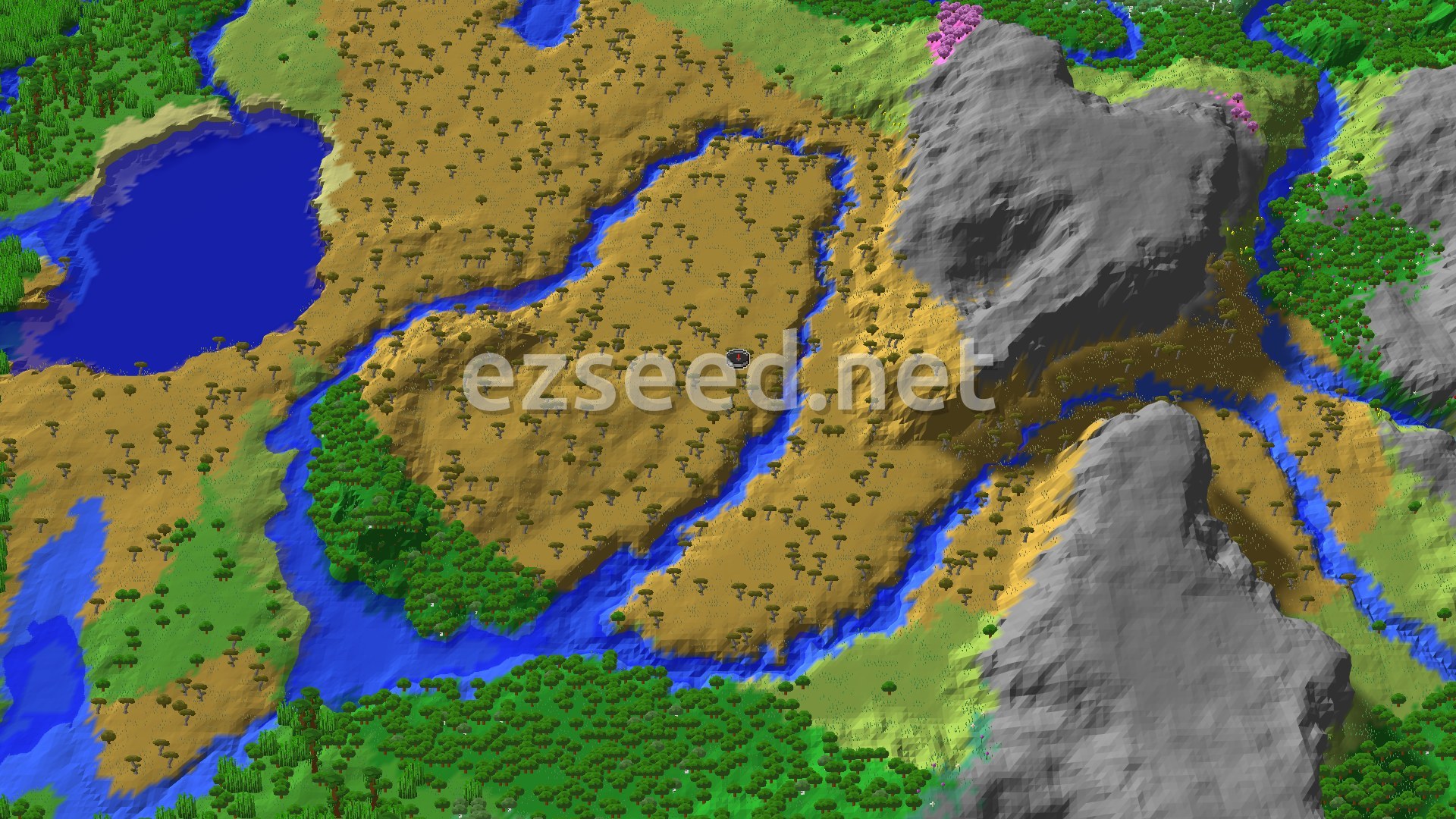 Aerial Minecraft seed map — Savanna Spawn with Cherry Grove Nearby