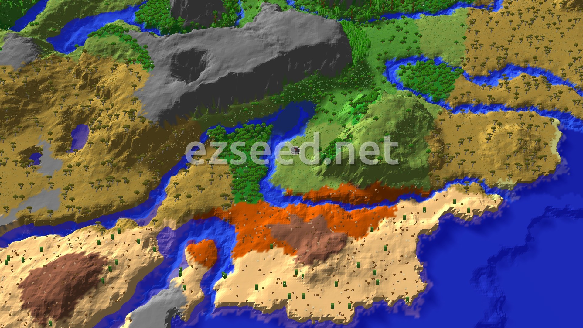 An aerial view of the spawn area shows a mix of plains, savannas with scattered trees, and a river winding through the landscape. Further out, there are darker forest areas, red badlands, and blue ocean.