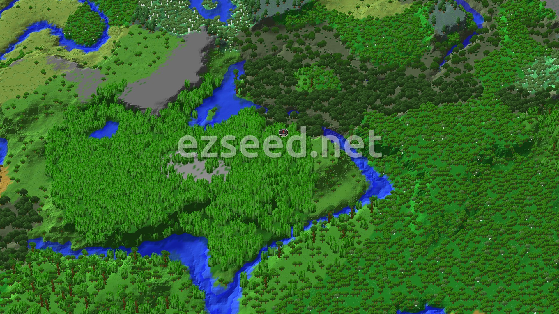 An aerial view of a large, dense jungle with bamboo and tall trees, intersected by winding rivers and a small lake, with rolling hills in the distance.