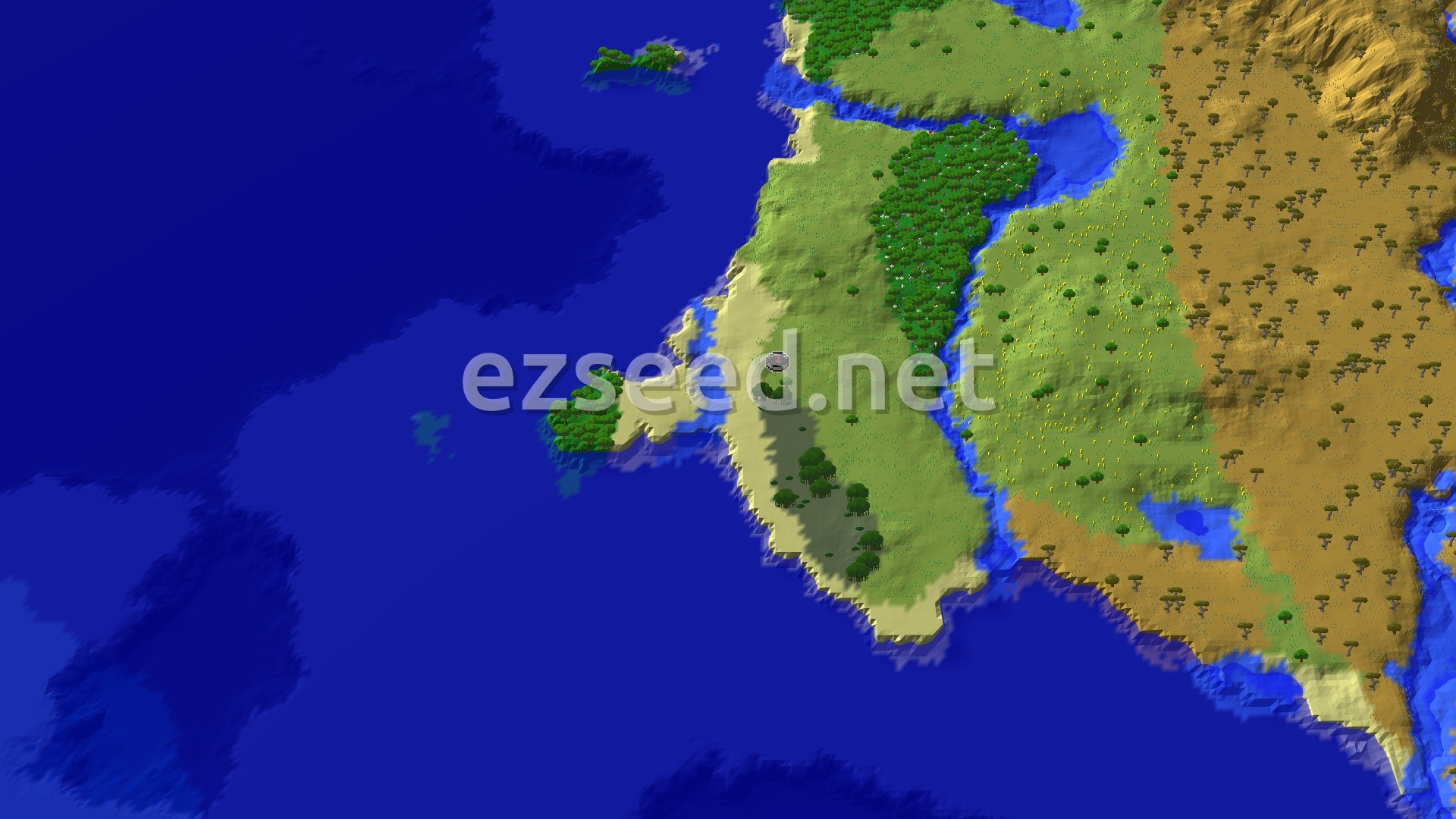 An aerial view of a mostly flat plains biome with scattered trees and some water, transitioning into a vibrant flower forest.