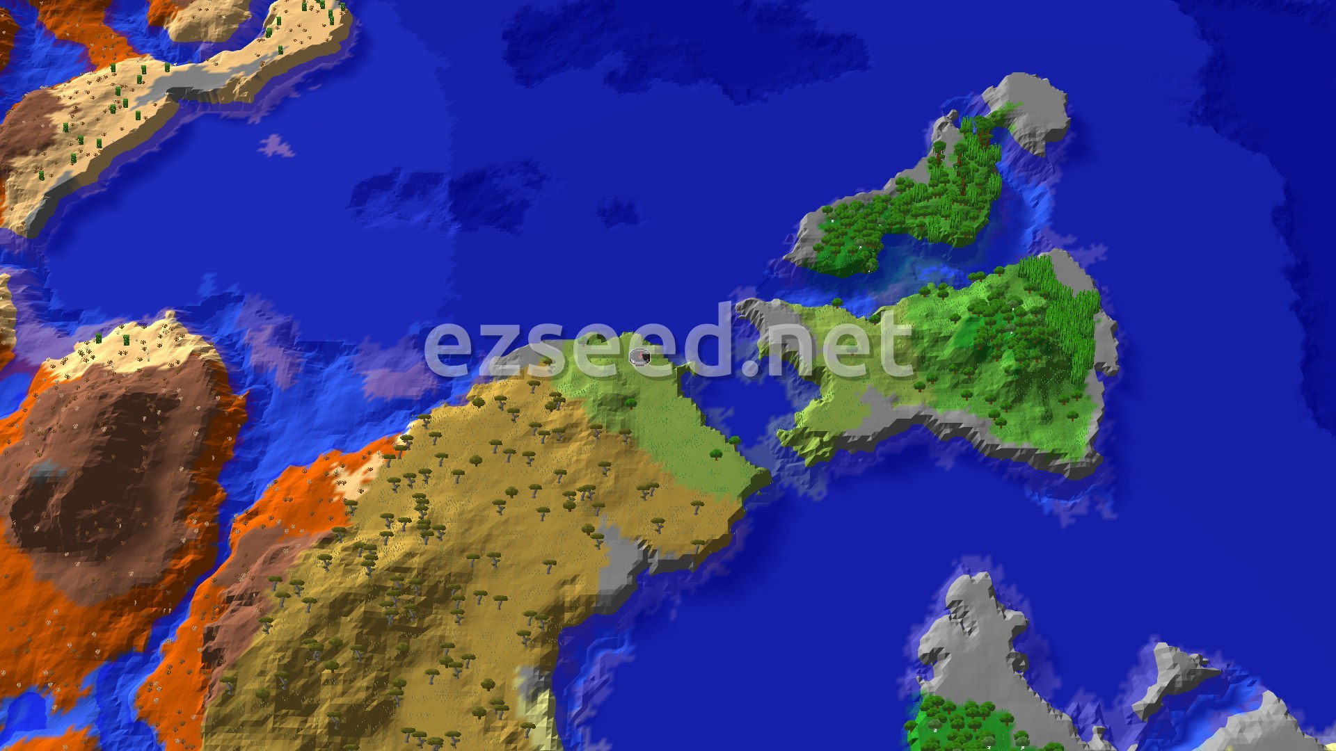 Aerial Minecraft seed map — Savanna Village and Nearby Eroded Badlands