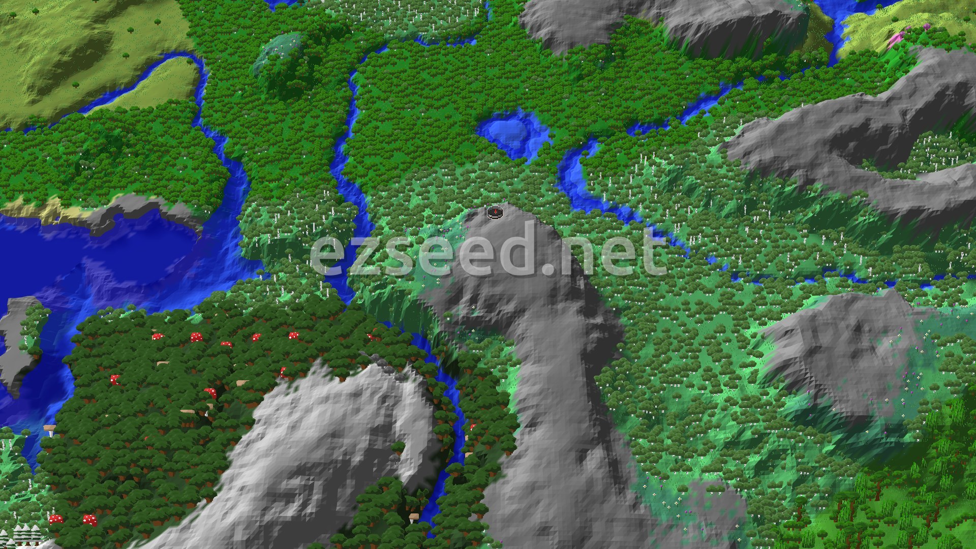A bird's-eye view of a varied landscape, featuring a mix of green forests, light green meadows, a winding blue river, and several grey mountains. A small spawn marker is visible at the center.