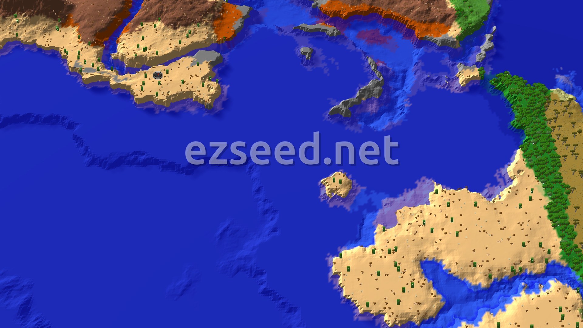 A bird's-eye view of a vast desert landscape meeting a warm ocean, with distant badlands and a small spawn marker.