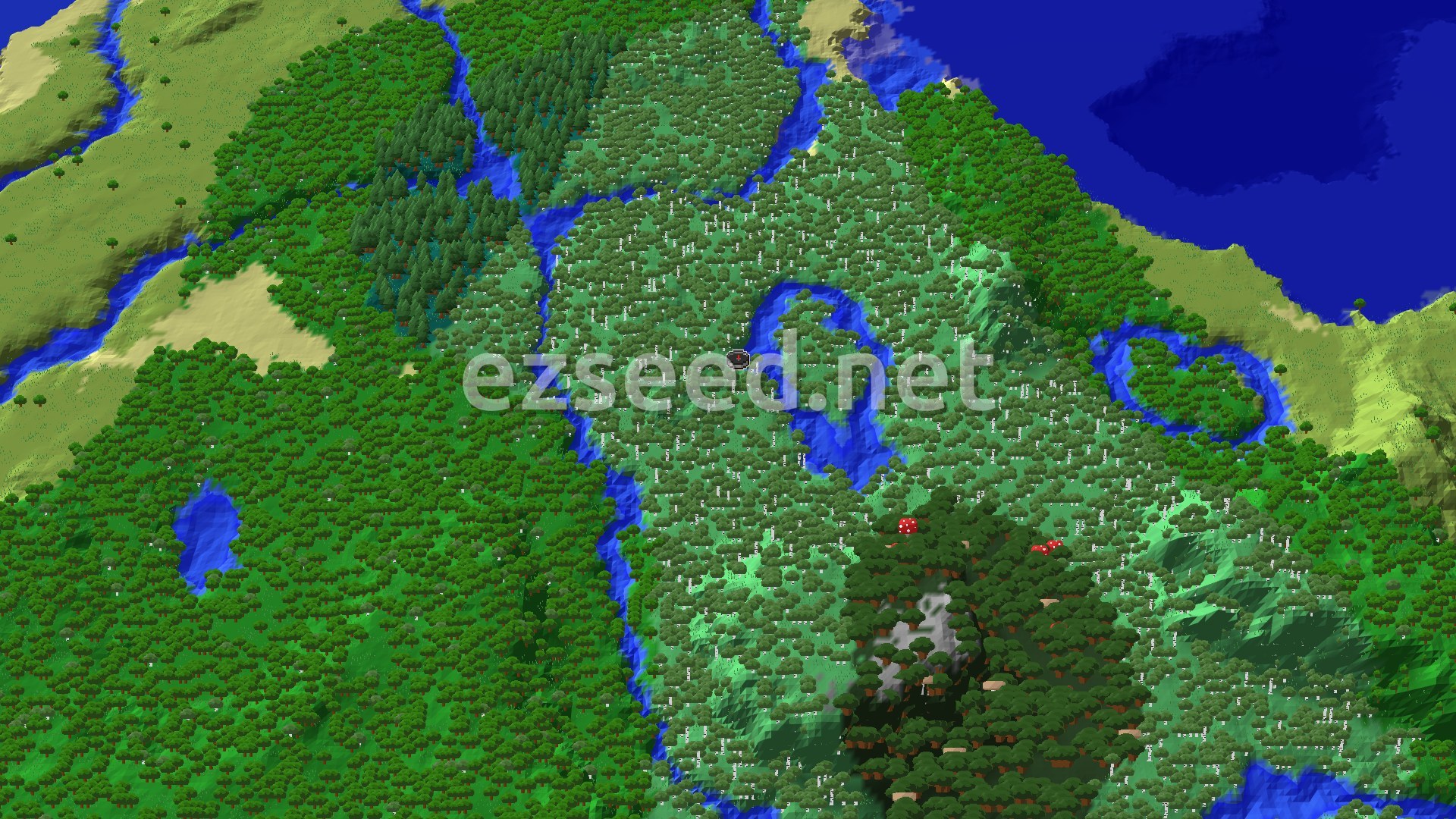 Aerial Minecraft seed map — Woodland Mansion in an Old Growth Birch Forest