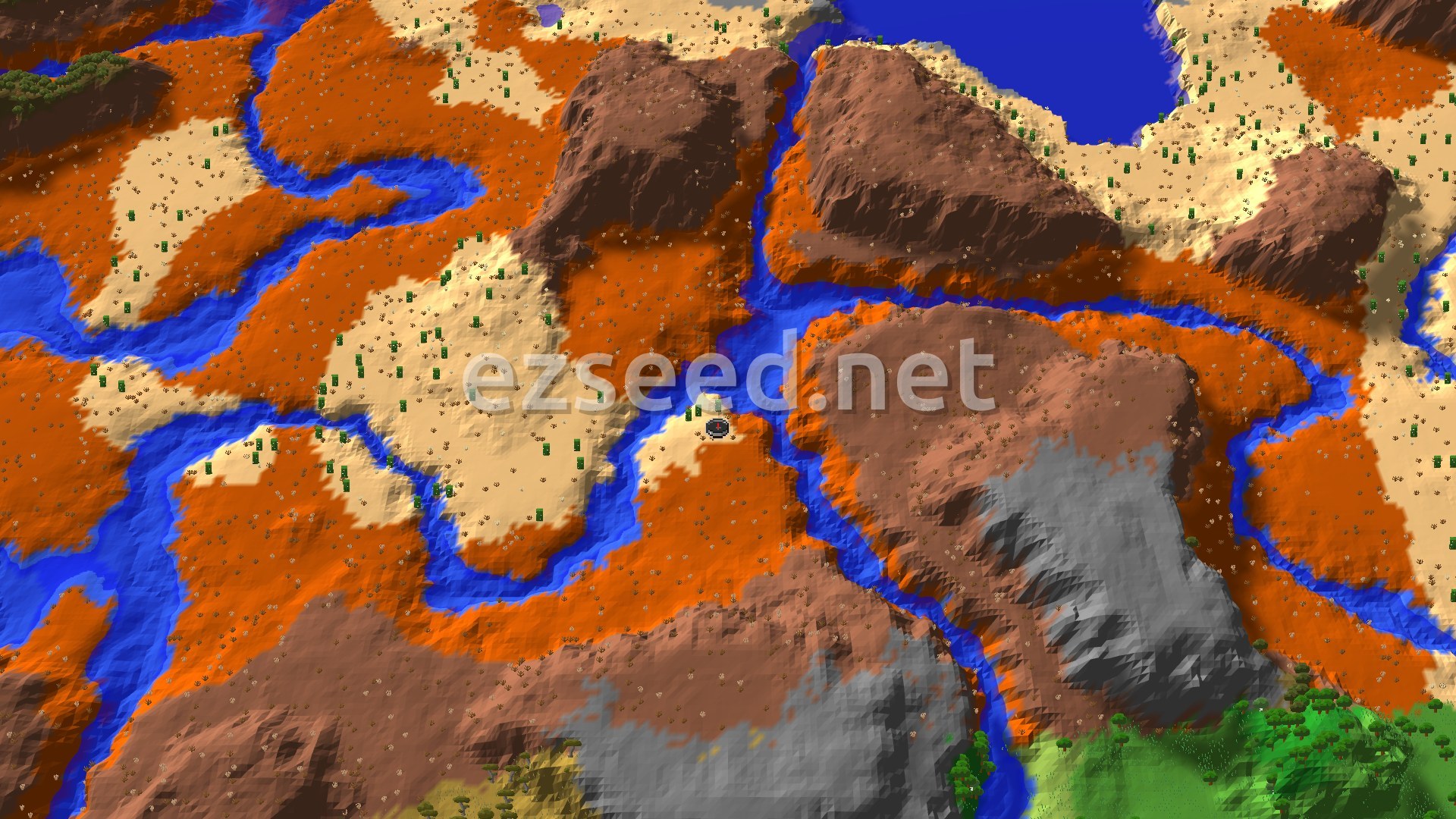 An aerial view of a vibrant orange Badlands biome, cut by winding blue rivers, with patches of desert and some distant green trees.