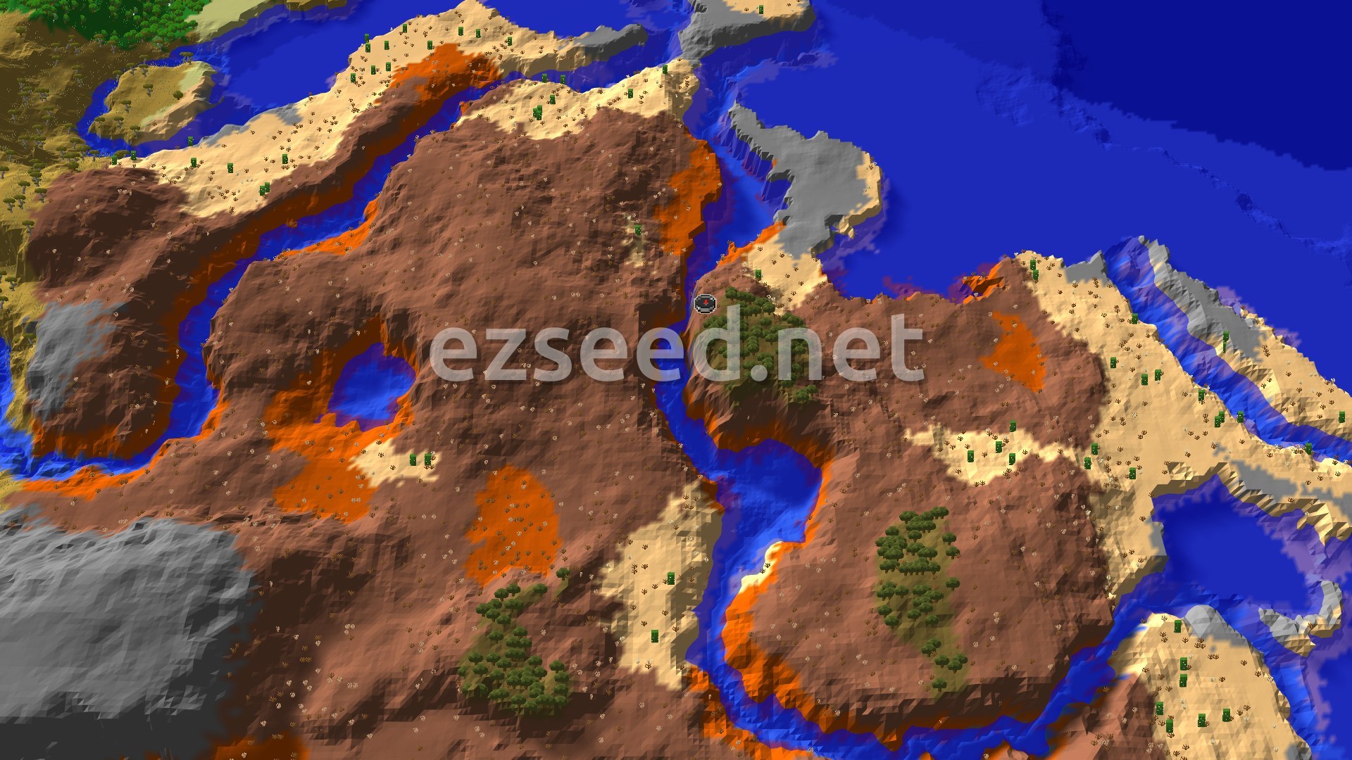 An aerial view of the spawn area, showing a vast expanse of rust-colored Badlands terrain, interspersed with lighter sand patches and some green vegetation, all bordered by blue water.