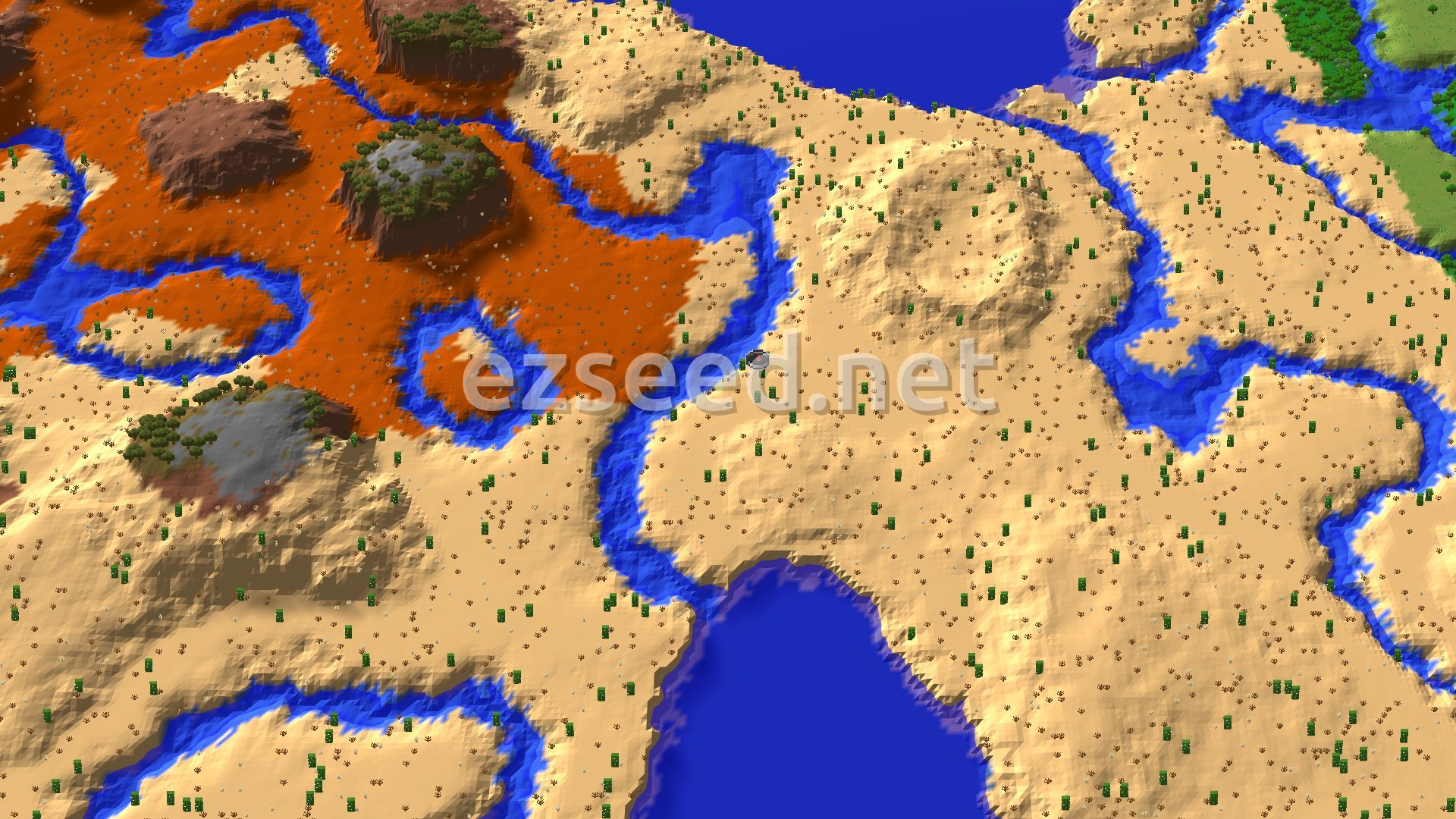 An aerial view of a mostly desert landscape, with a river winding through it and patches of orange badlands terrain and a warm ocean in the distance.