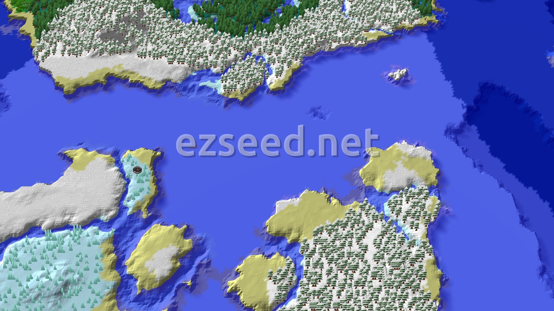 An overhead map view showing a large frozen ocean with snowy islands and a prominent ice spikes biome at the center, marked with a small player icon.