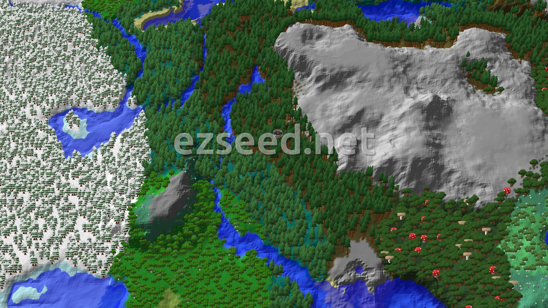 An aerial view of a Minecraft landscape dominated by dense green taiga forests, with a prominent grey mountain range to the east and a snow-covered forest to the west, all bisected by a winding river.
