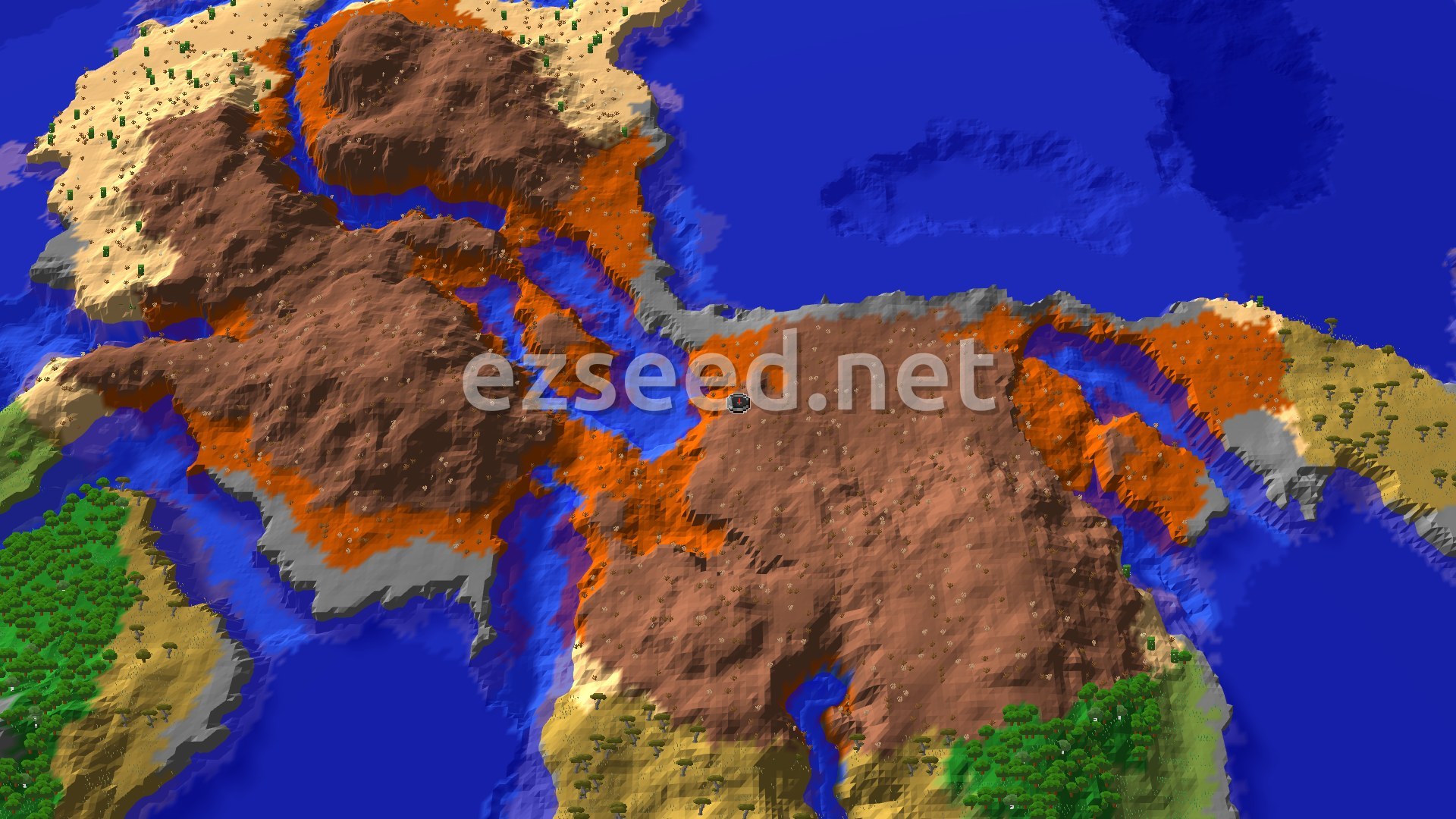 A 3D aerial view of a Minecraft landscape, showing a large, reddish-brown badlands biome with eroded features, bordered by blue ocean, some green forest, and yellow savanna biomes. A small spawn marker is visible near the center.