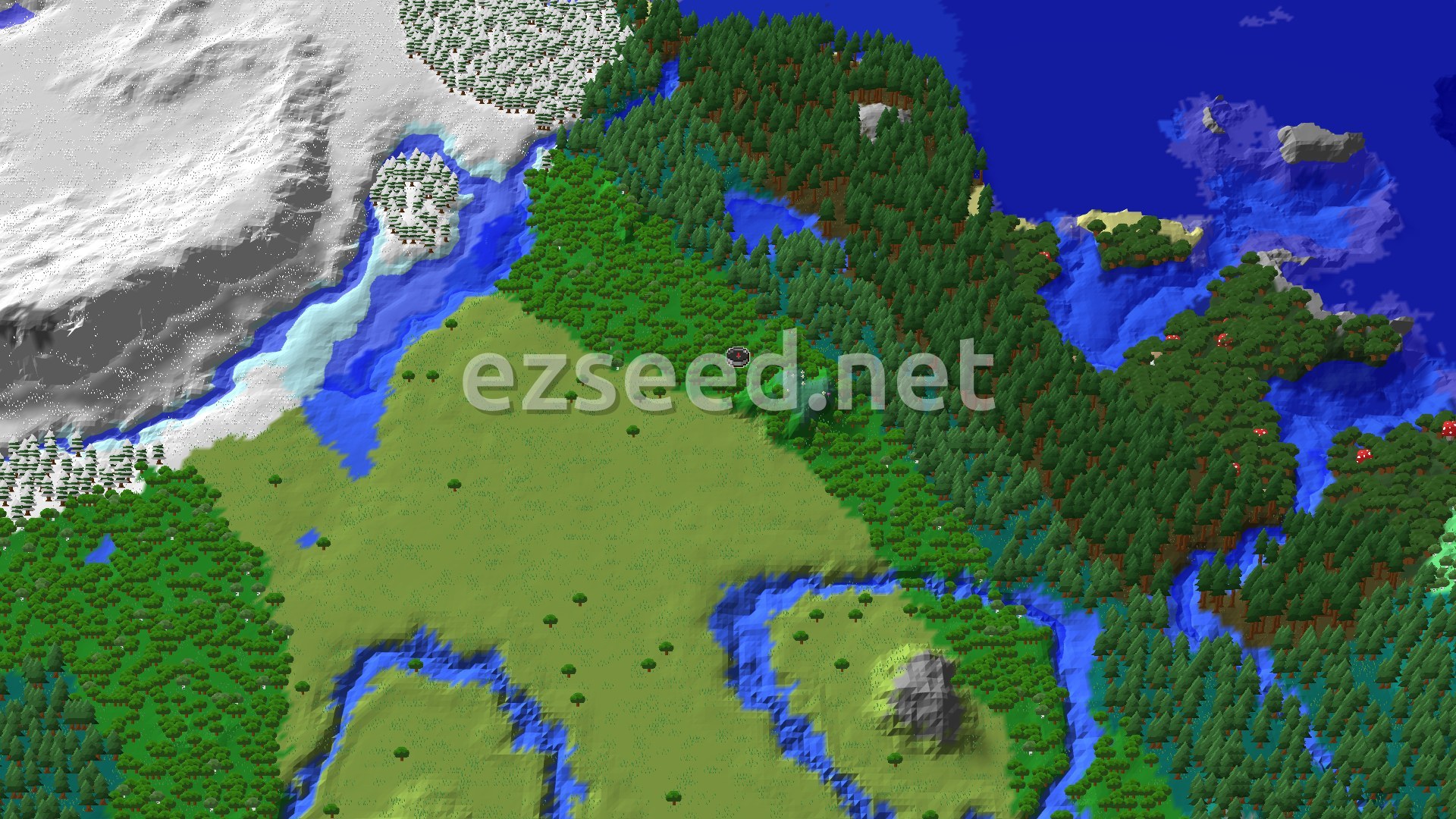 An overhead view of a diverse landscape featuring dense green forests, winding blue rivers, and a large snowy mountain range in the upper left.