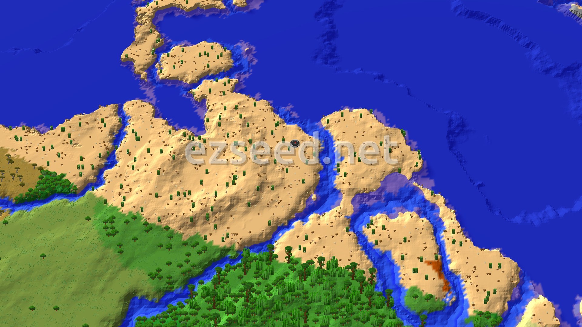 A 3D overhead view shows a mostly desert landscape with rivers and a large ocean. Green jungle and plains biomes are visible to the south and west. A spawn marker sits in the central desert.