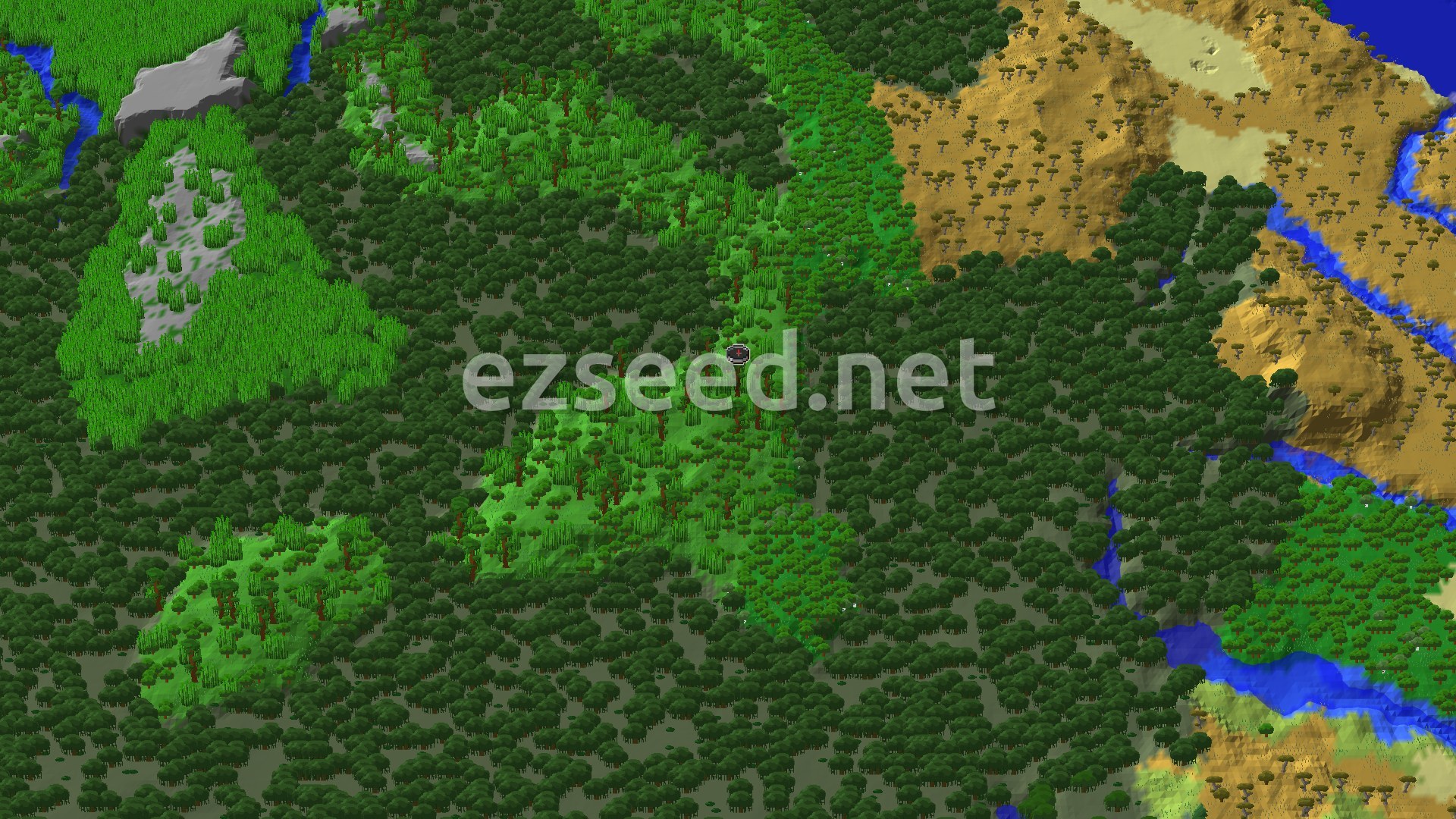 A dense green jungle surrounds the spawn point, with a winding blue river and a patch of drier, tan savanna terrain in the distance.