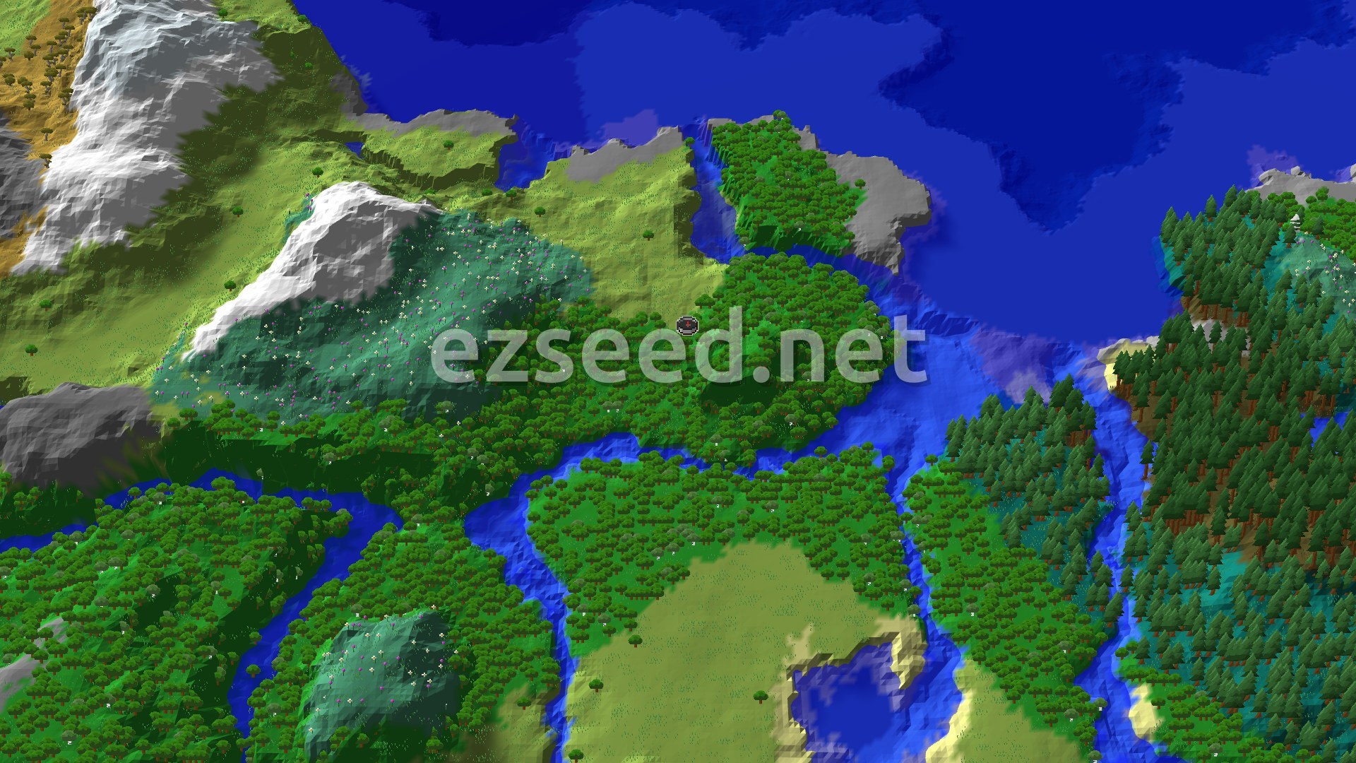 Aerial Minecraft seed map — Spawn in a Forest, Near an Abandoned Village