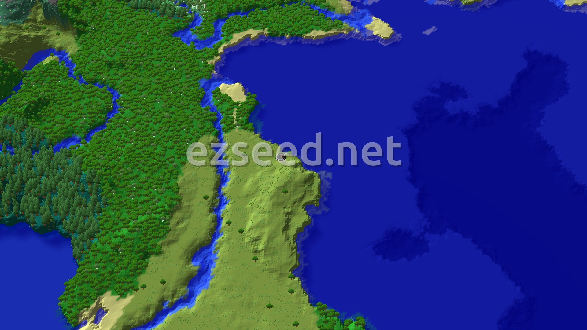An aerial view of a flat Plains biome at spawn, surrounded by Forests and Oceans, with a river winding through the landscape.