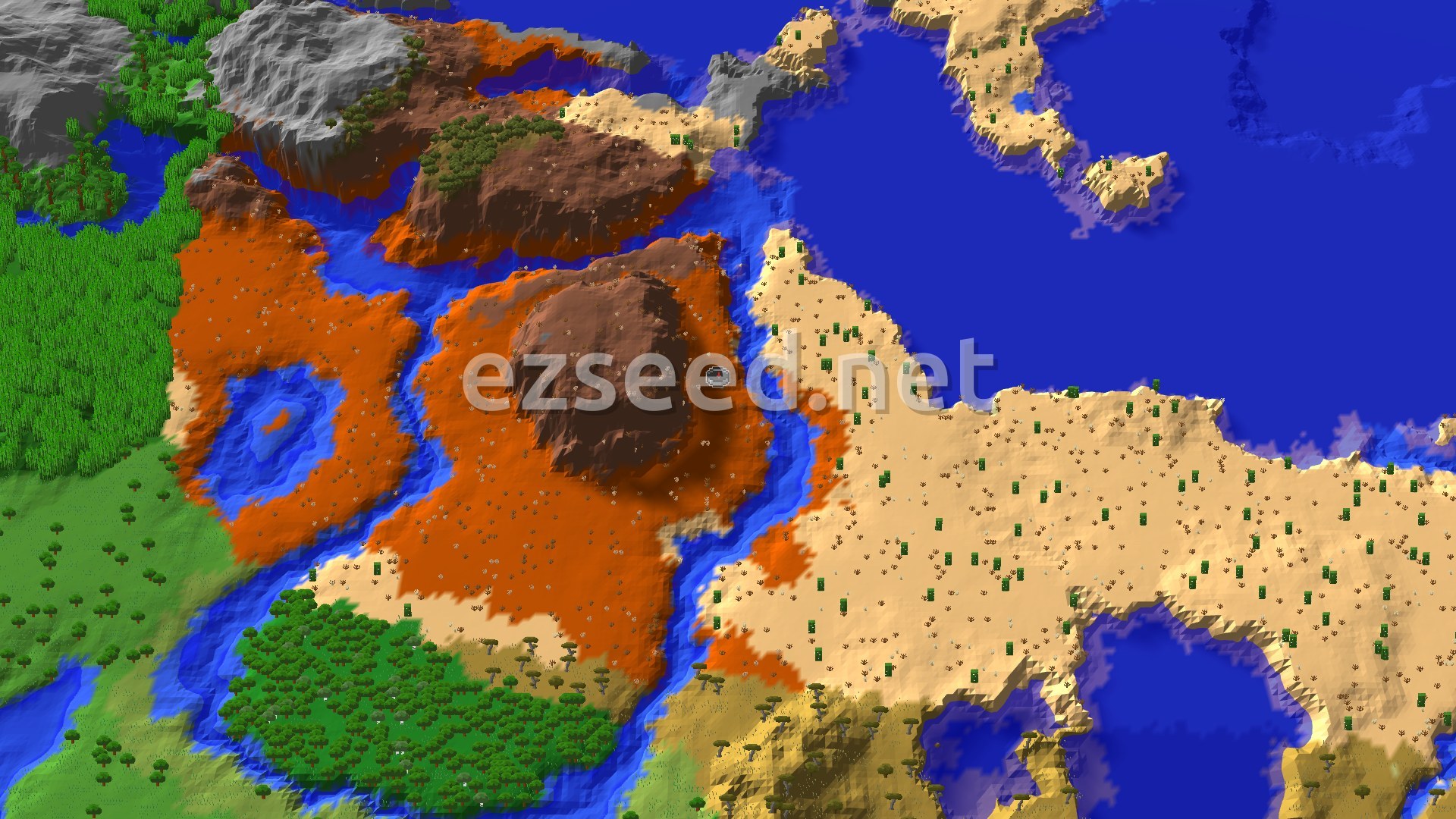 A 3D fly-over of the world showing a large orange Badlands biome with some tall, eroded peaks, bordered by green plains, a wide desert, and blue ocean. A small marker indicates the spawn point near a river.