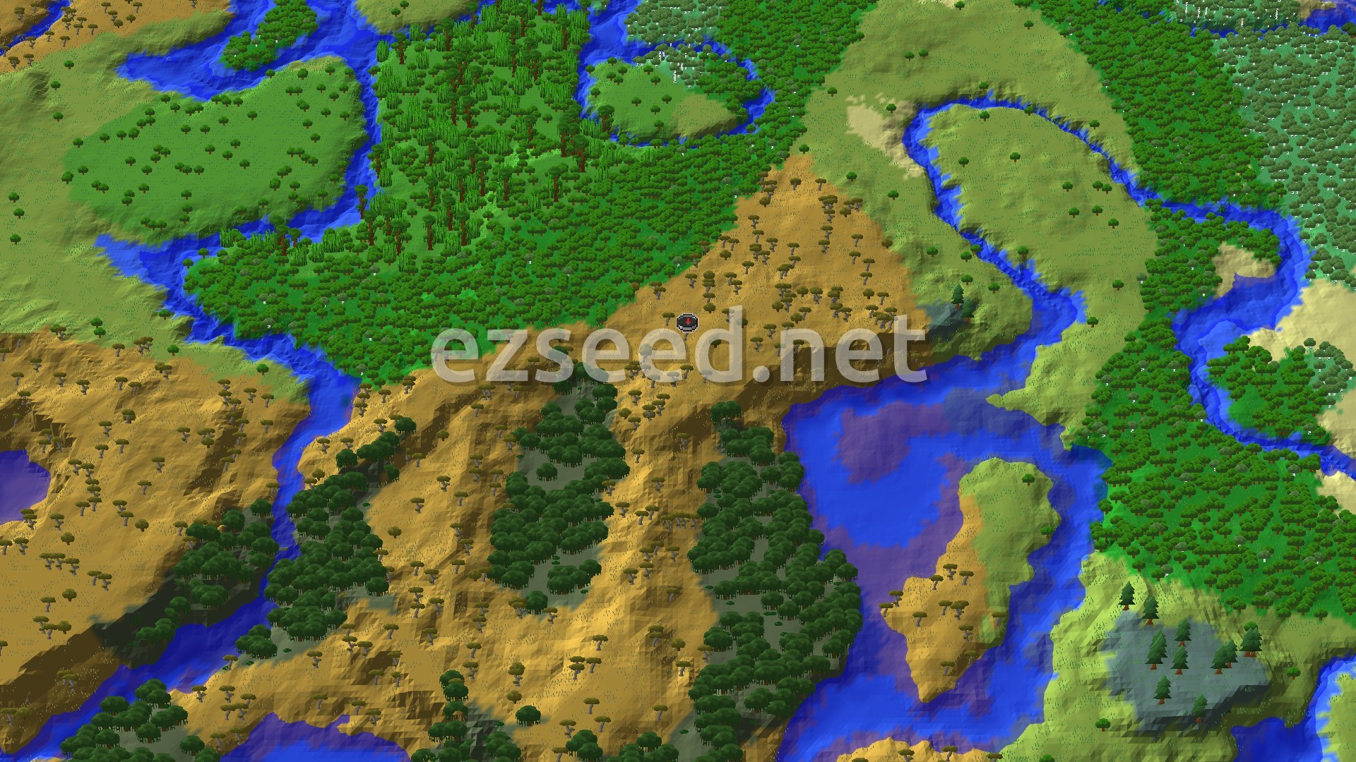 An aerial view of a savanna biome with scattered acacia trees, bordered by a dense forest and winding rivers.