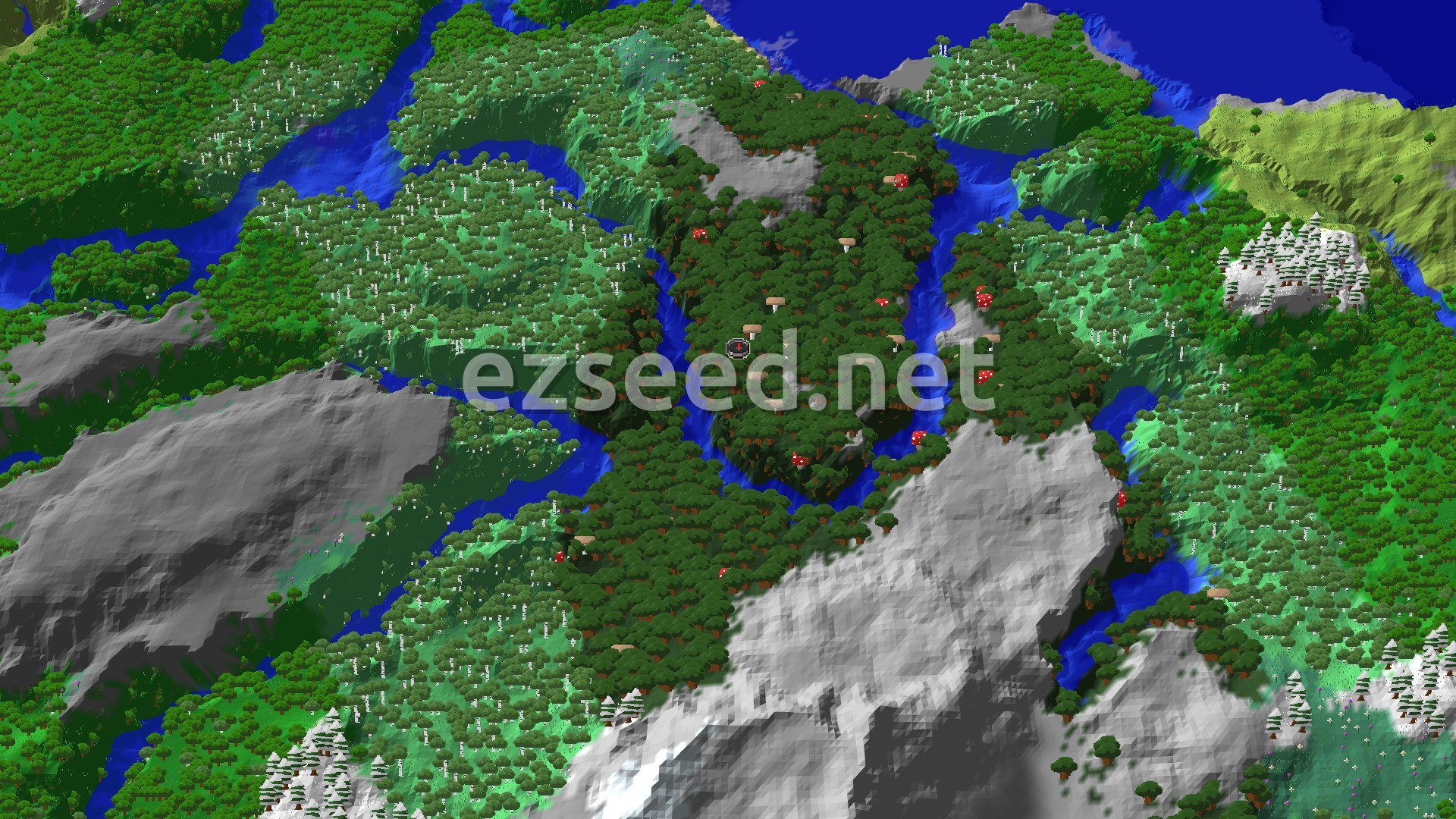 An aerial view shows a dense dark forest at the center, surrounded by rivers, green forests, and some snow-capped mountains. A small spawn marker is visible in the dark forest.