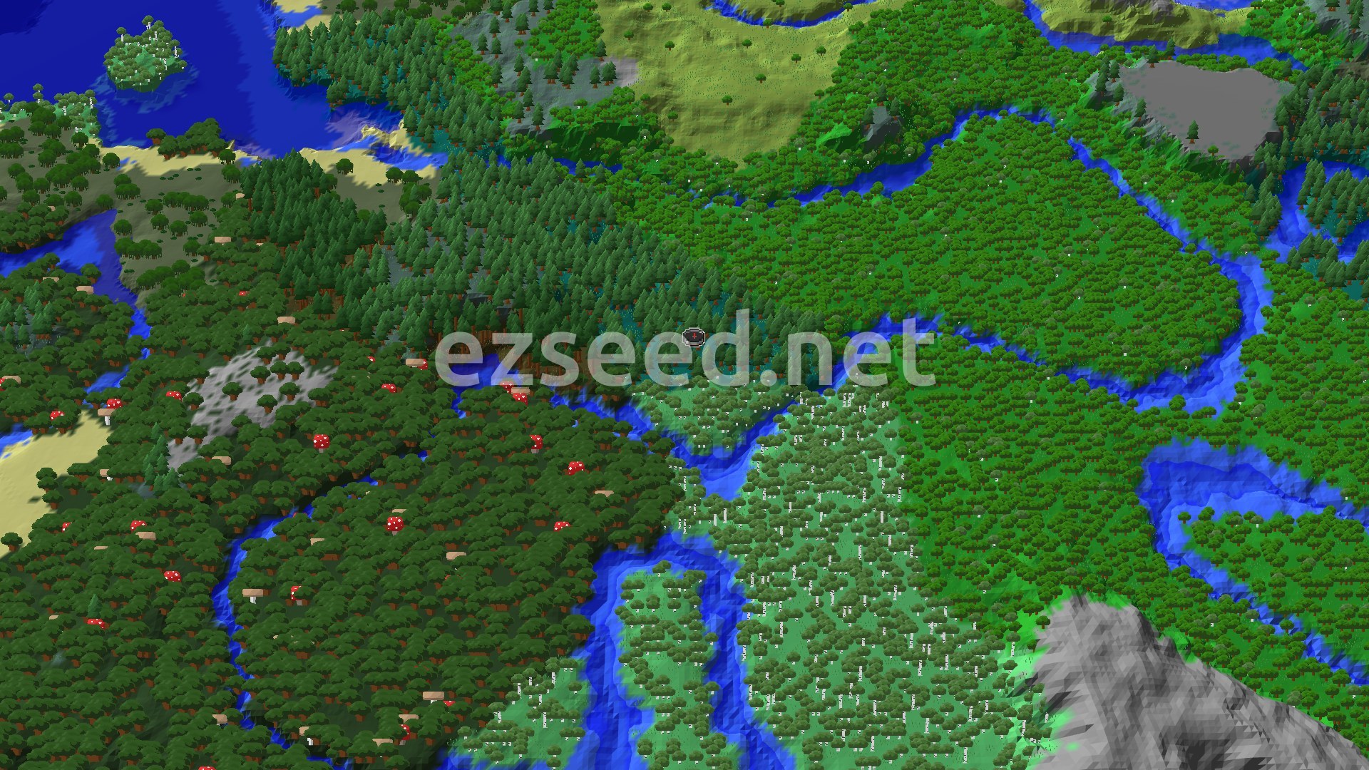 An aerial view of a dense forest landscape with a winding river, showing a mix of Taiga and Dark Forest biomes, with some lighter Birch Forest areas and distant hills.