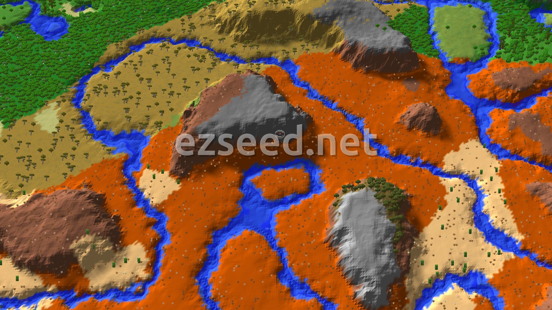 An aerial view of a diverse landscape featuring a mix of wooded badlands, badlands, and a winding river system. Green forest biomes are visible on the periphery, along with patches of savanna and desert.