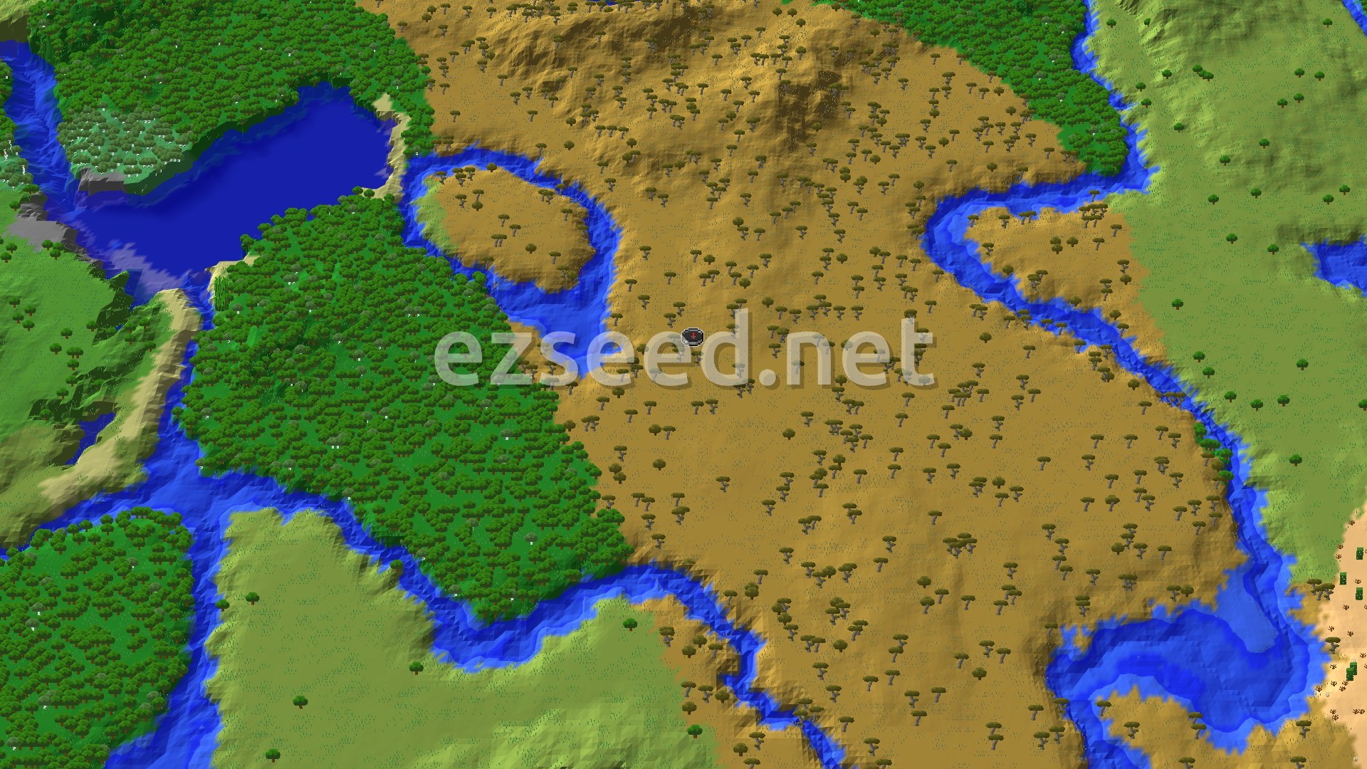 An aerial view of a savanna biome with scattered acacia trees, bordered by rivers and forests, with a small spawn marker in the center.