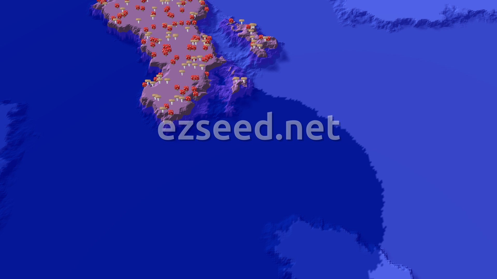 A 3D render showing a blue ocean surrounding a purple-toned mushroom island covered in red and brown fungi.