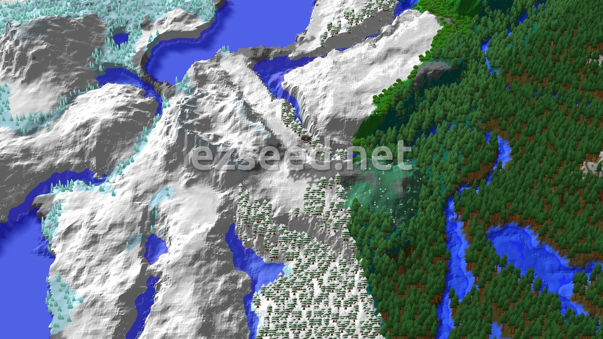 An aerial view showing a snowy mountainous region with sparse trees and winding rivers, bordering a dense green forest.