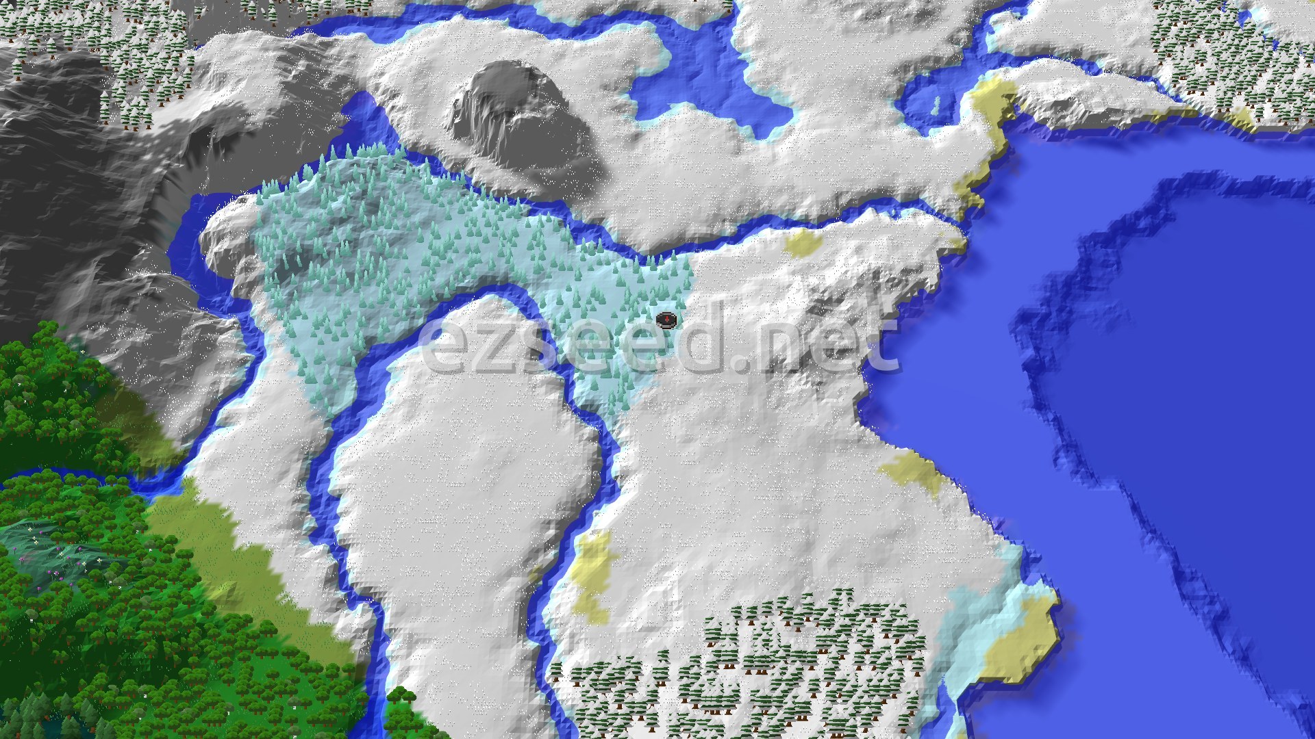 A 3D overhead view showing a snowy landscape with a large frozen ocean to the east. The spawn point is marked in a field of ice spikes, surrounded by snowy plains and frozen rivers, with a forest to the southwest.