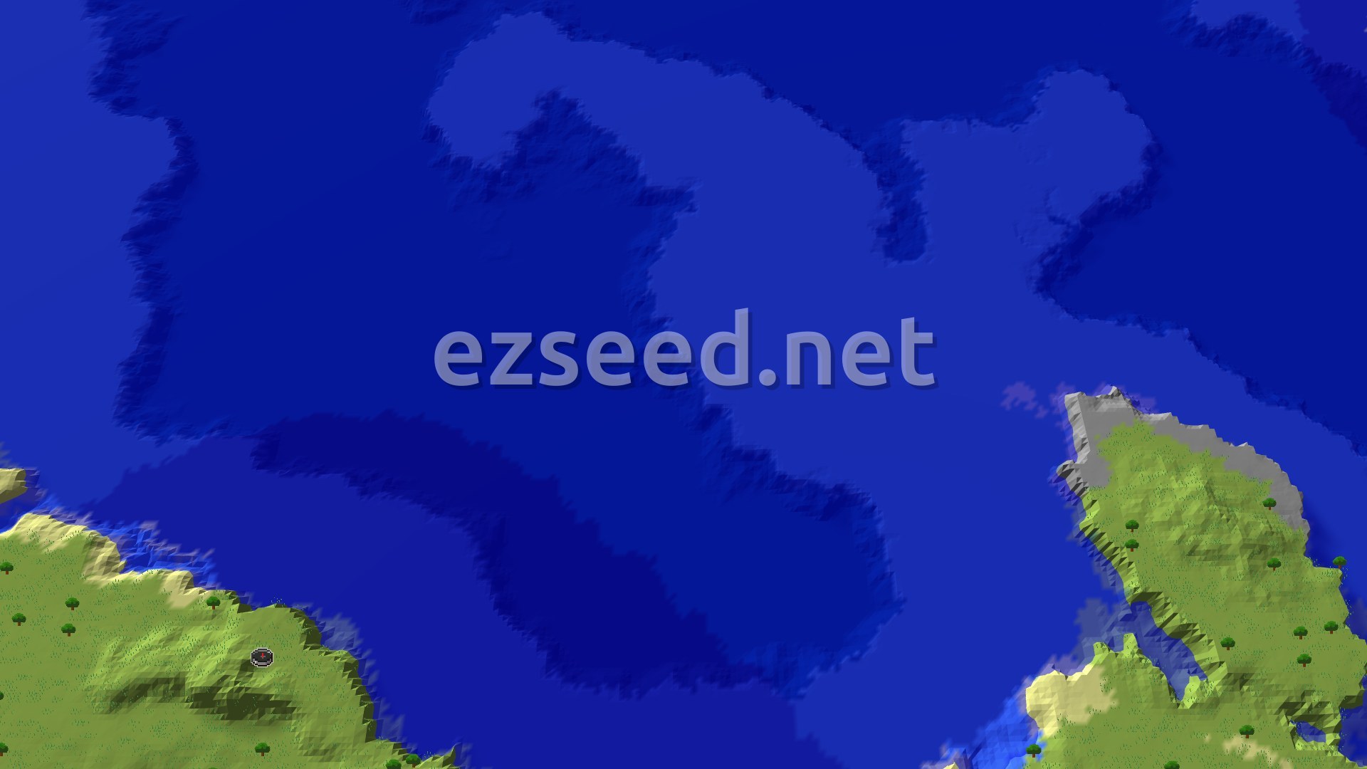 A 3D overhead view of a green landmass with scattered trees, bordered by a large blue ocean. A small spawn marker is visible on the land.