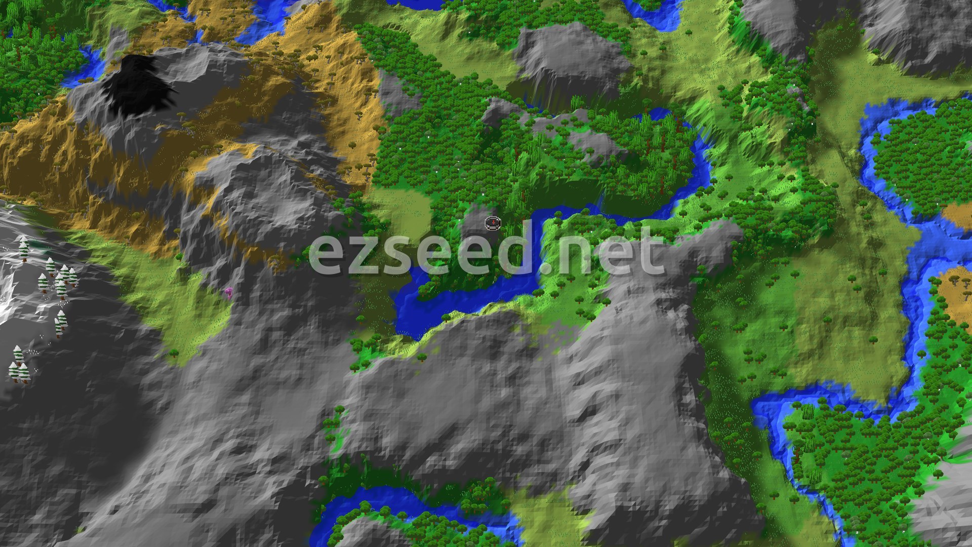 A bird's eye view of a varied Minecraft landscape featuring dense green forests, winding blue rivers, and a mix of flat plains, rolling hills, and rugged mountains with snowy peaks and sandy areas.