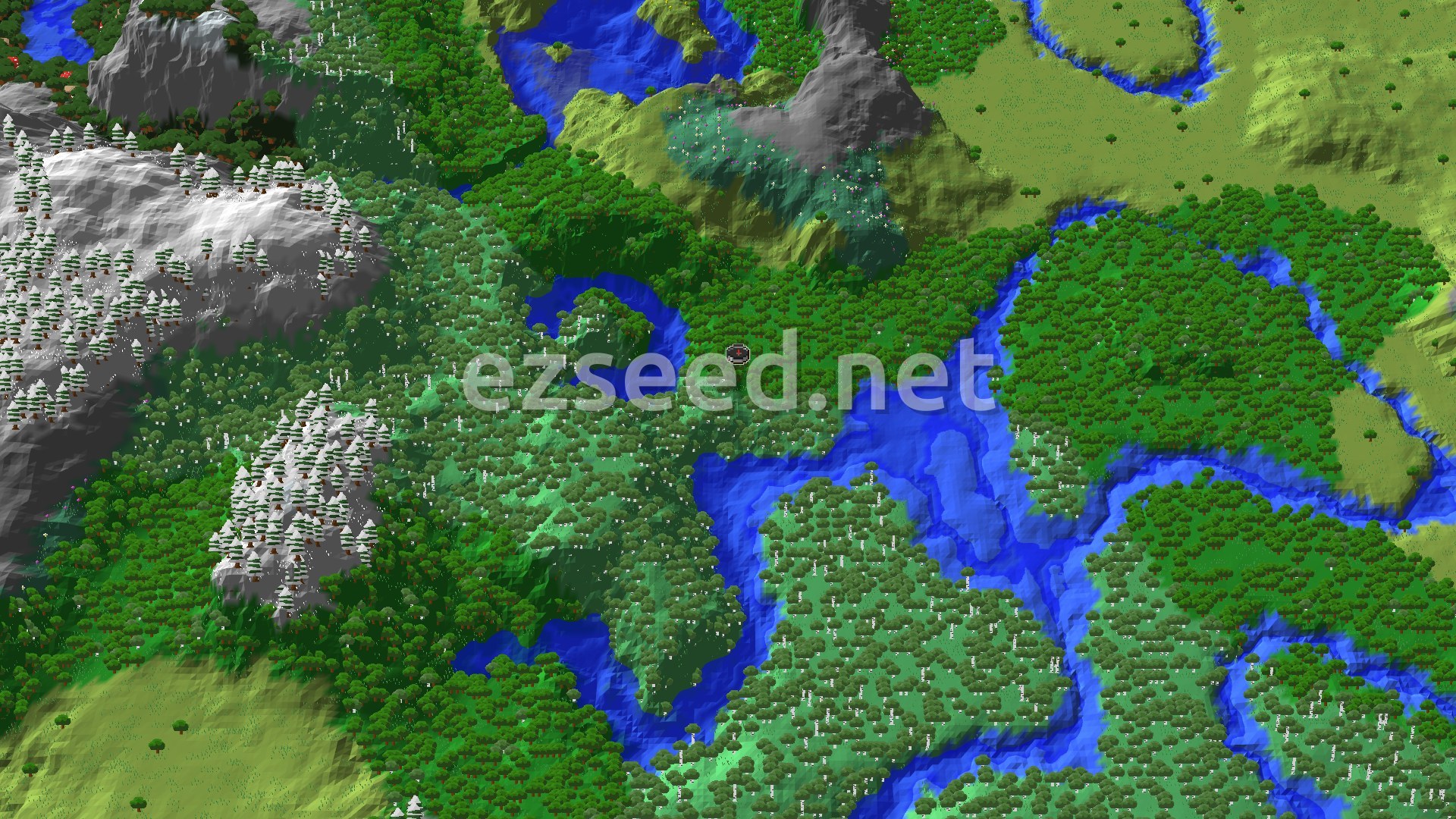 An overhead view of a diverse landscape featuring a central forest, winding rivers, and distant snow-capped mountains.