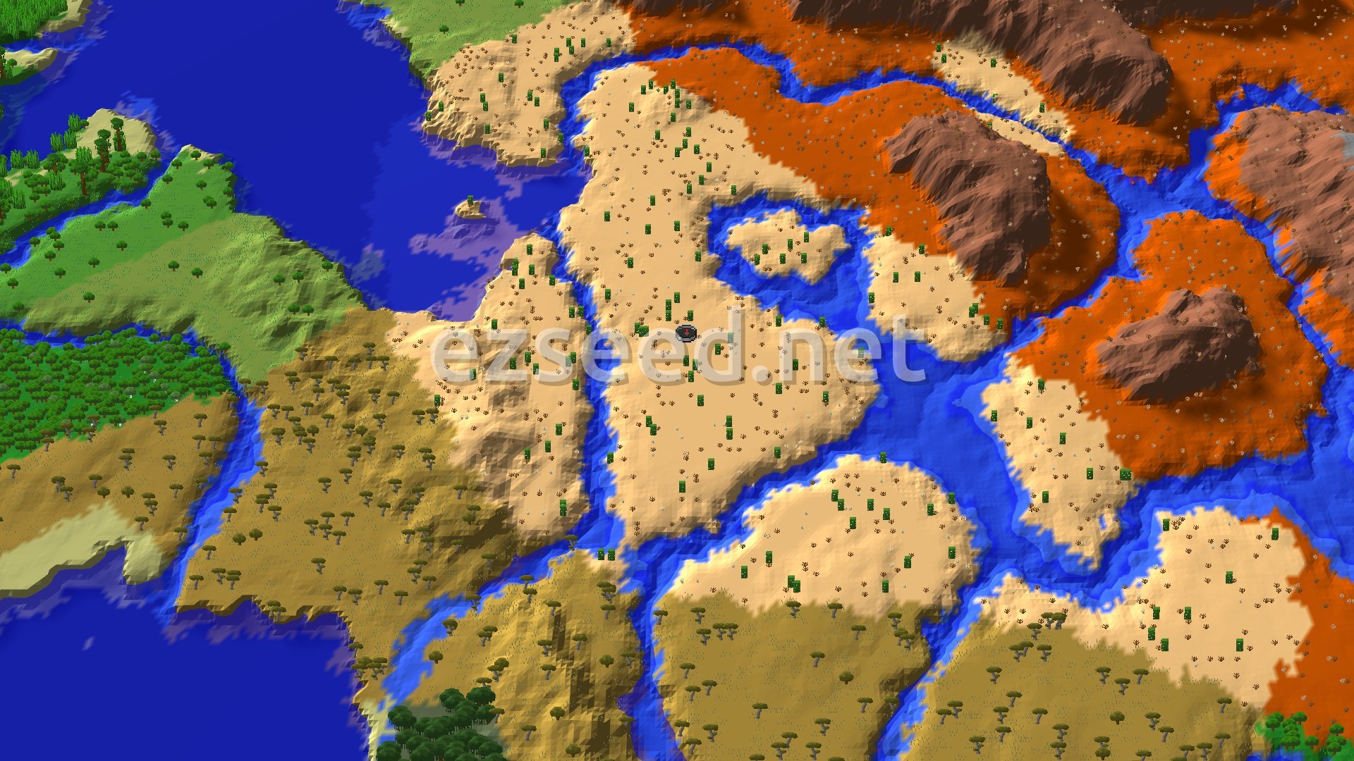 An aerial view of a desert landscape interspersed with rivers, patches of savanna, and distant badlands, with a spawn marker in the central desert.