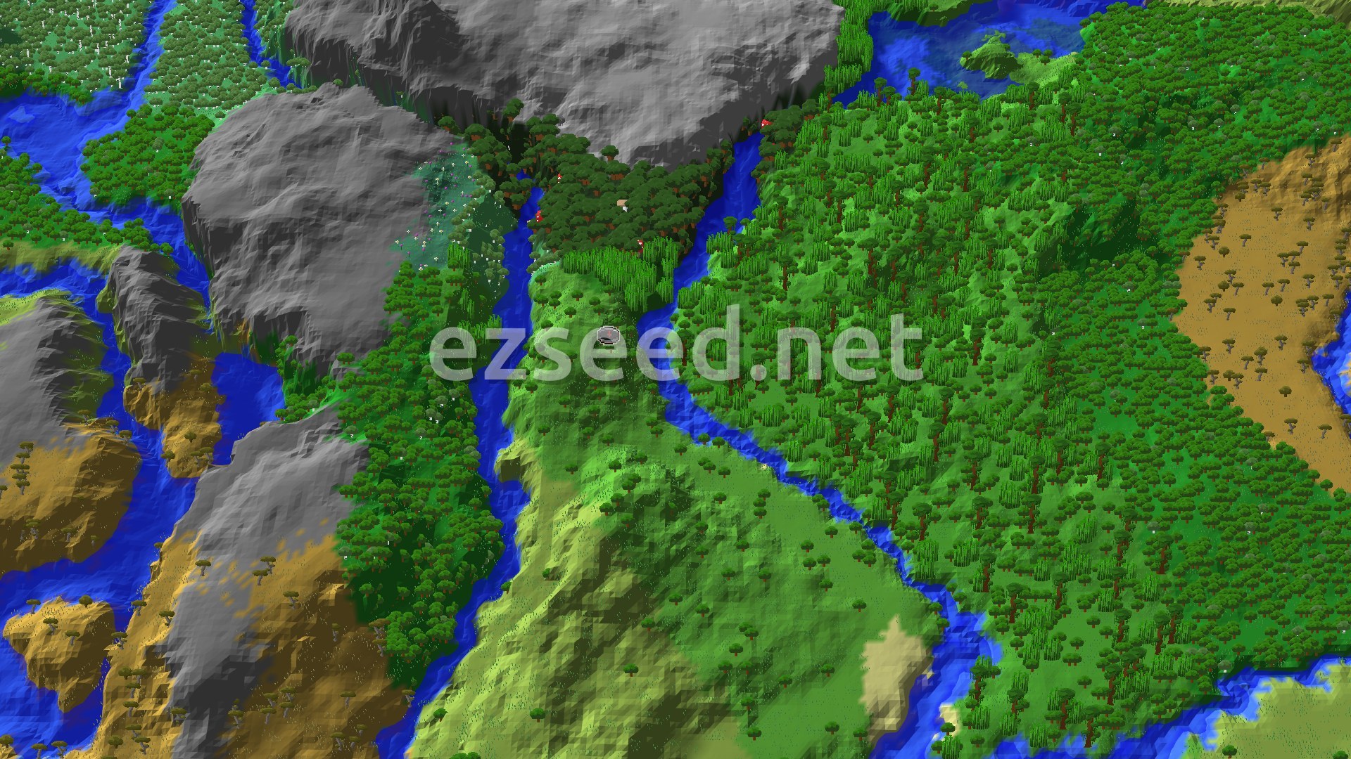 A 3D fly-over of a lush jungle landscape with rivers, some mountains, and a small spawn marker.