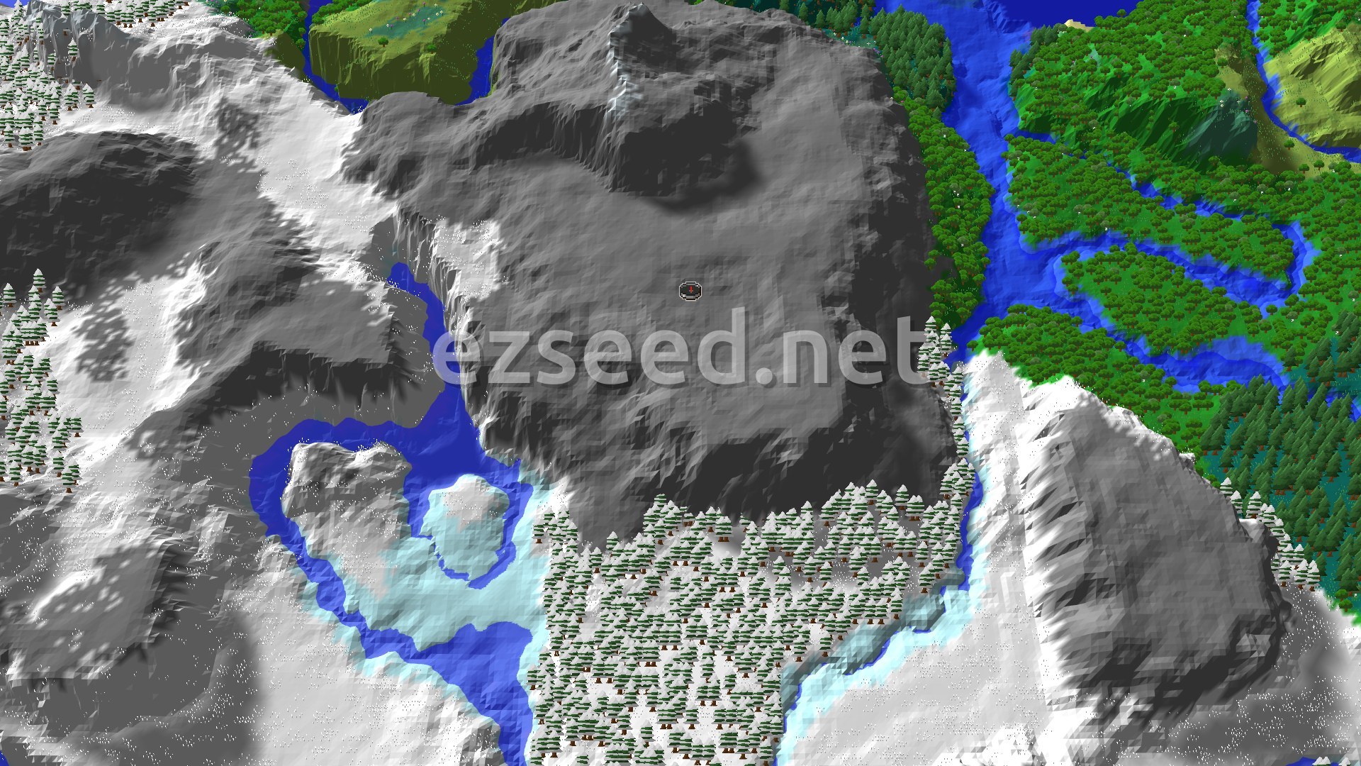 An aerial view of snow-covered mountains, dark forests, and winding rivers around a central spawn point.