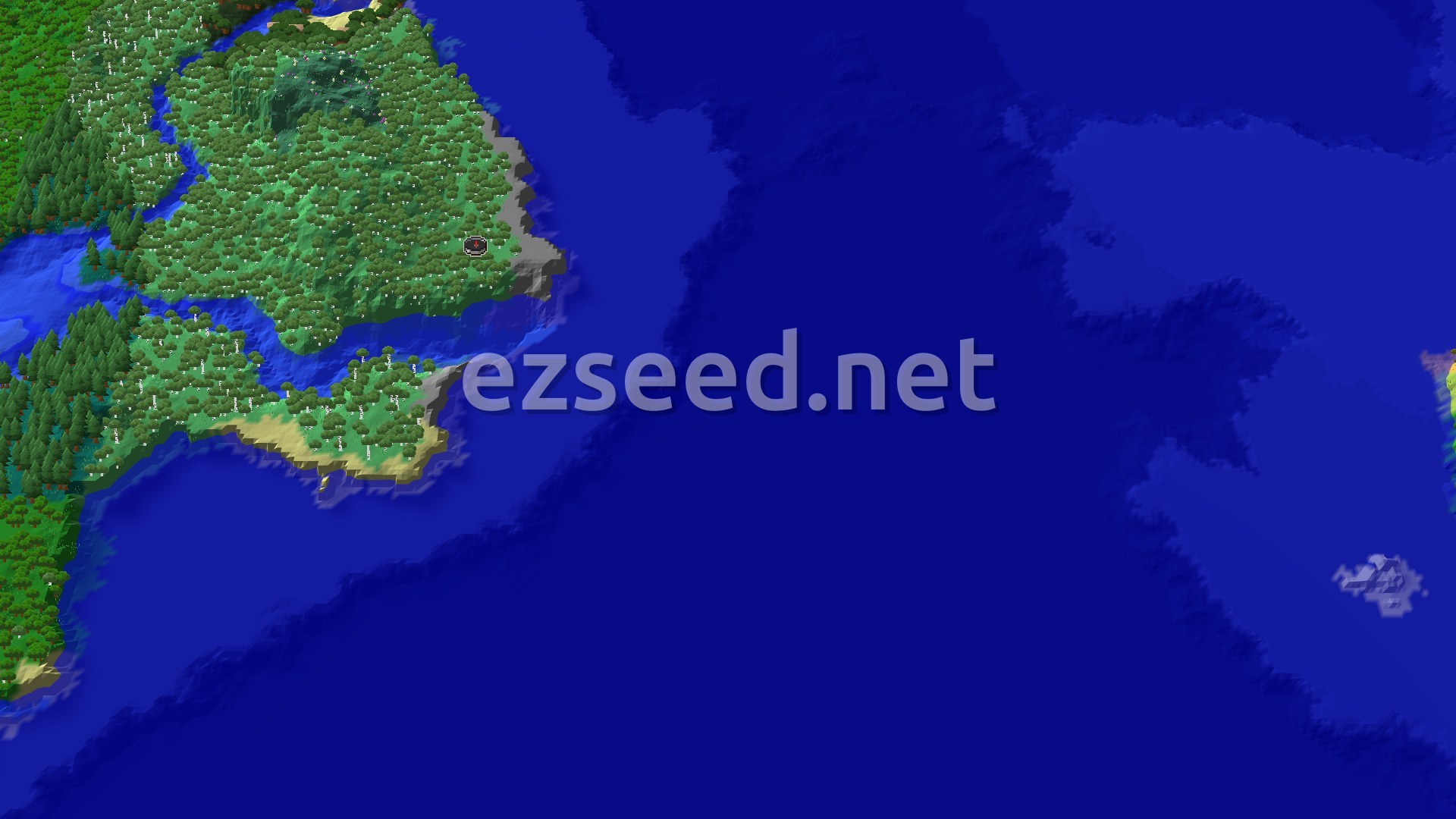 A 3D fly-over of a Birch Forest spawn point, surrounded by other forests and an ocean, with a small marker at the center.