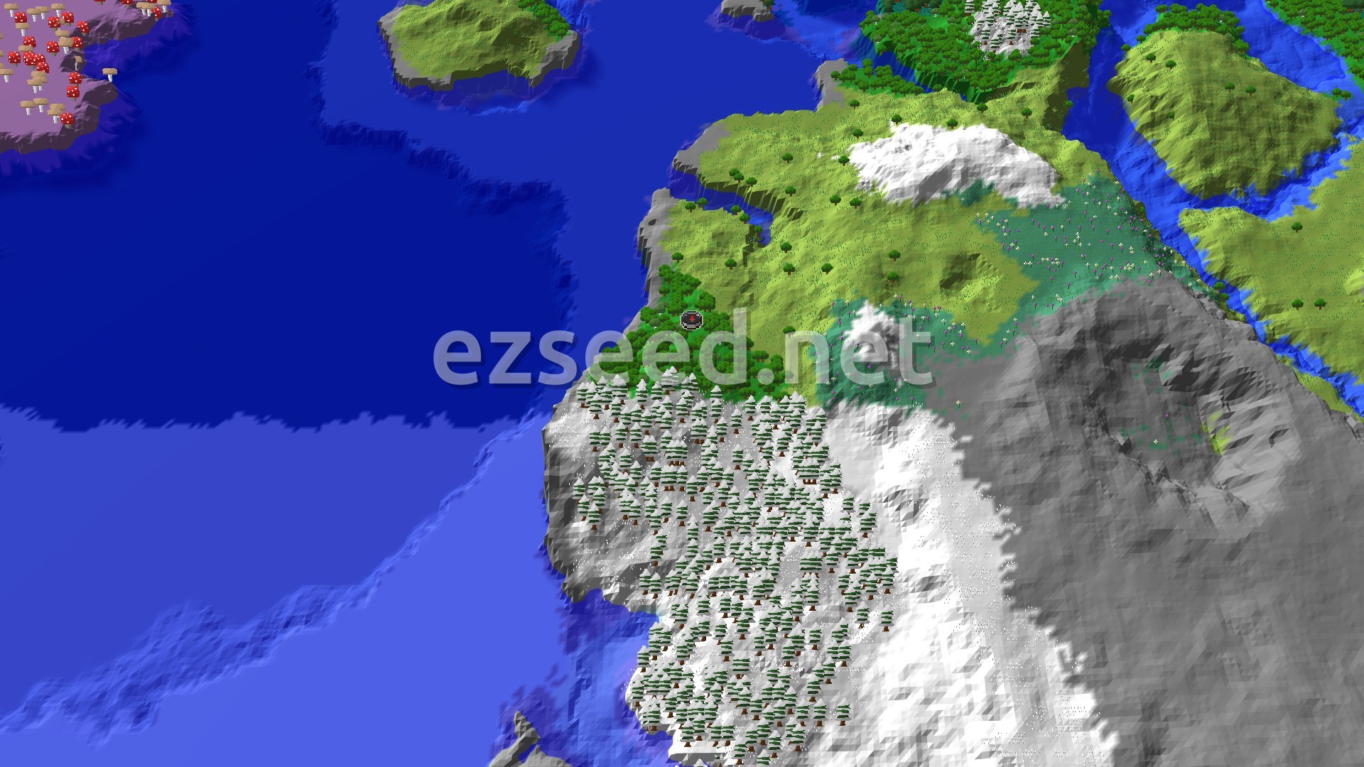 A 3D render of a Minecraft world showing a spawn point in a forest at the edge of a large ocean, with snowy mountains and taiga to the south, and plains and more forests to the north and east.