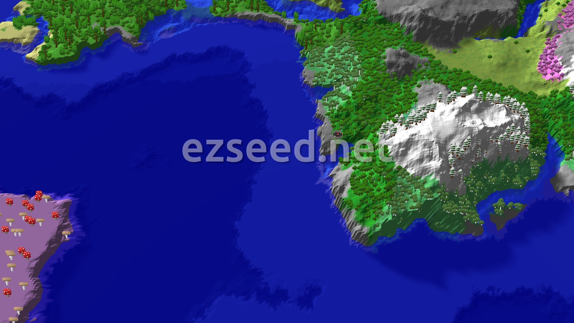 An aerial view of a Minecraft world showing a dense forest surrounding a river, leading to a small ocean. Hills and varied tree types are visible, with no structures marked.