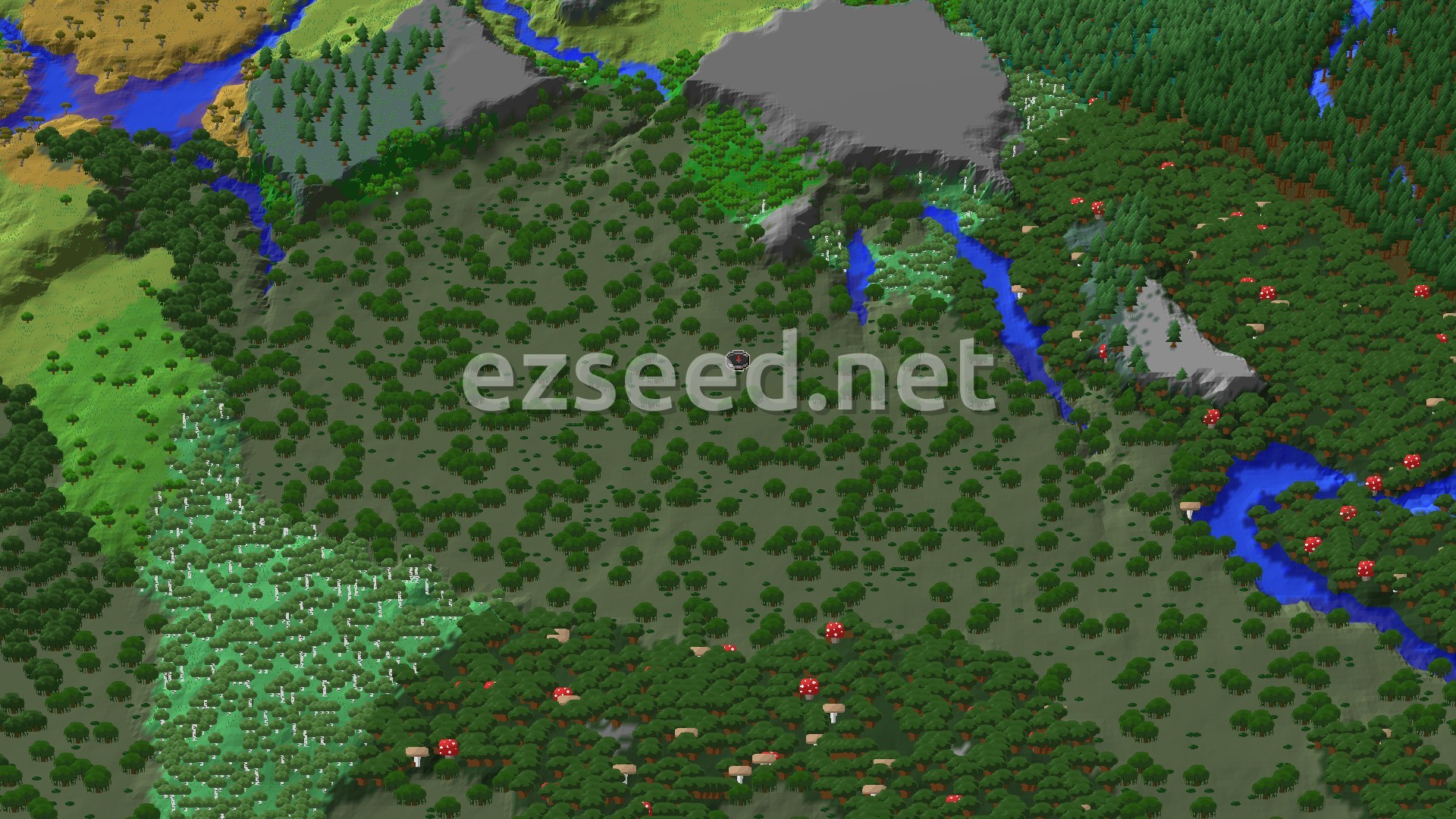 An aerial view of a mostly flat, forested landscape with a central swamp area around the spawn point, surrounded by various tree types and a few winding rivers.