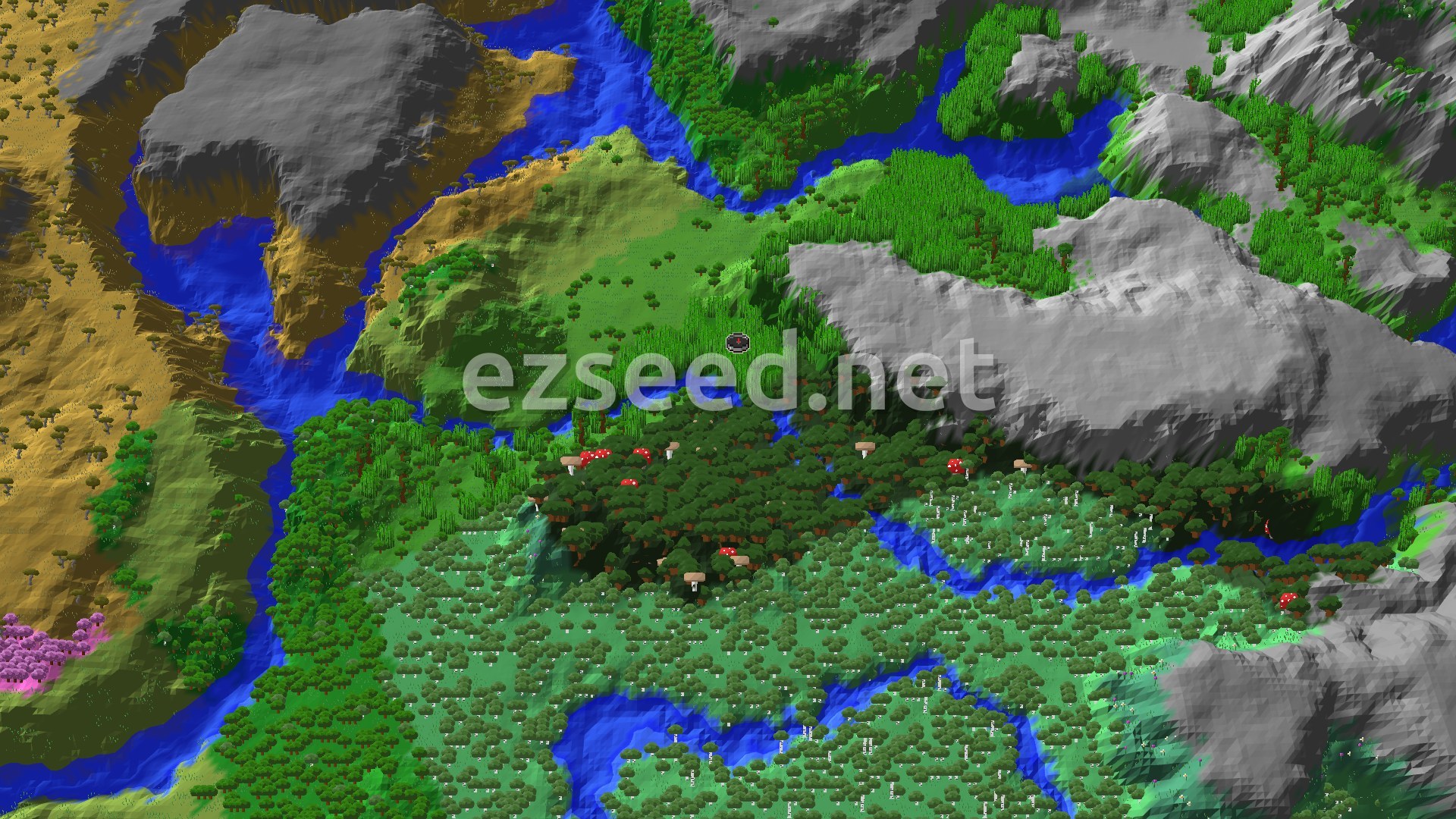 An aerial view of a diverse landscape featuring a dense green jungle, winding blue rivers, patches of golden savanna, and grey stony peaks in the distance.