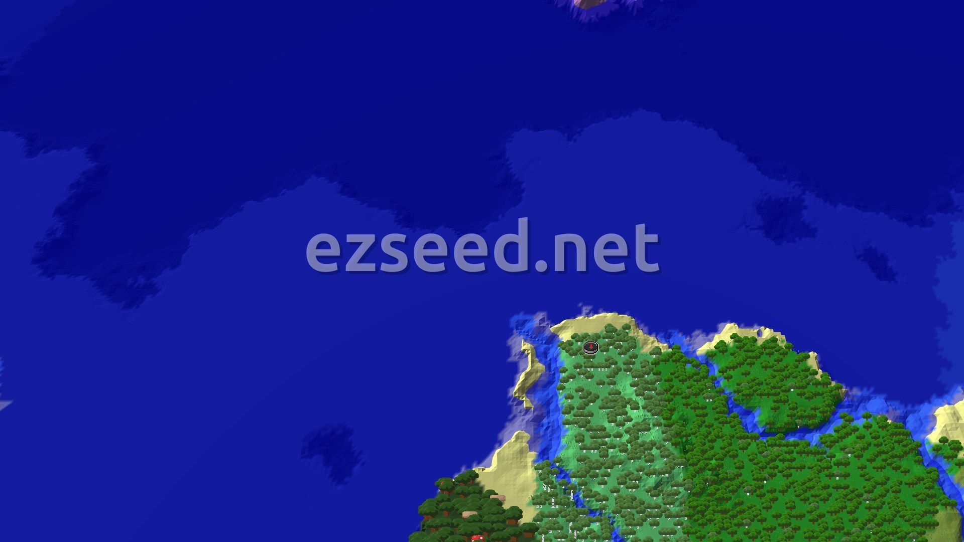 An aerial view of a green forested landmass meeting a vast blue ocean, with a small red spawn marker in the center of the land.