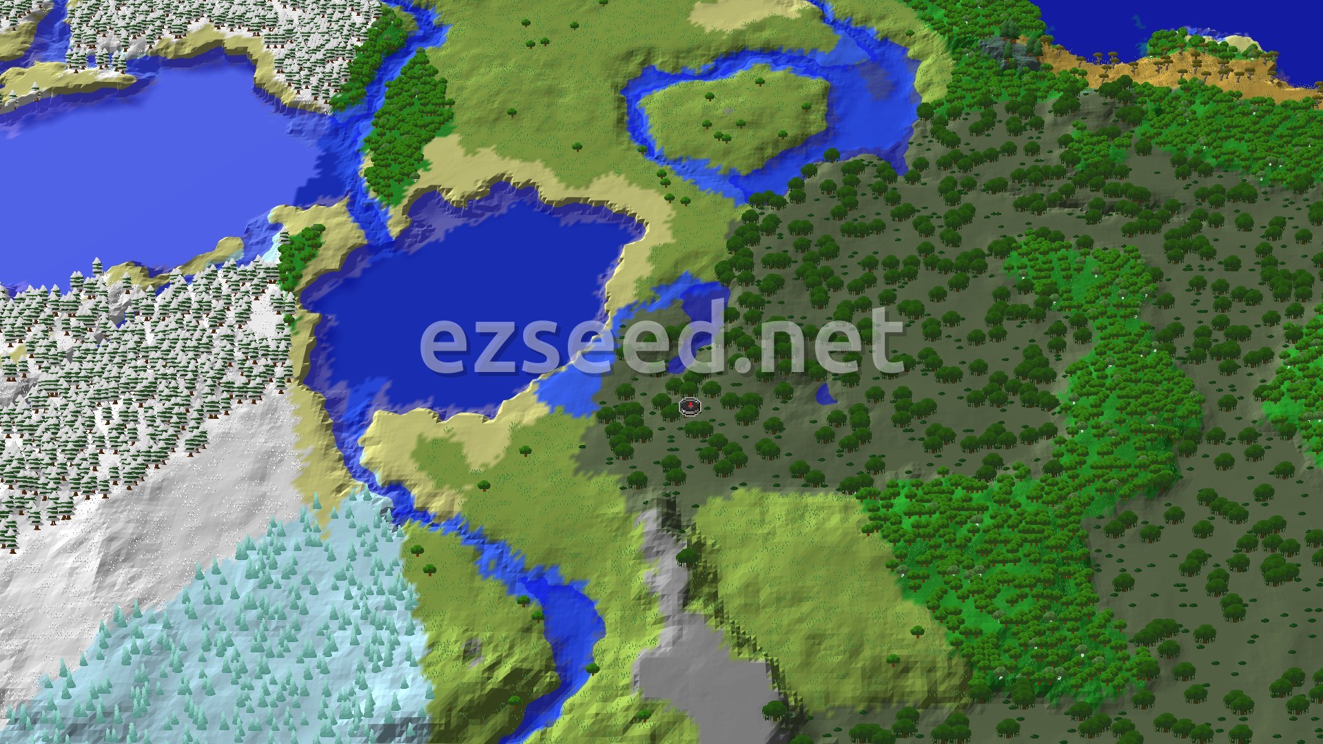 Aerial Minecraft seed map — Swamp Spawn with Nearby Ice Spikes and Ancient City