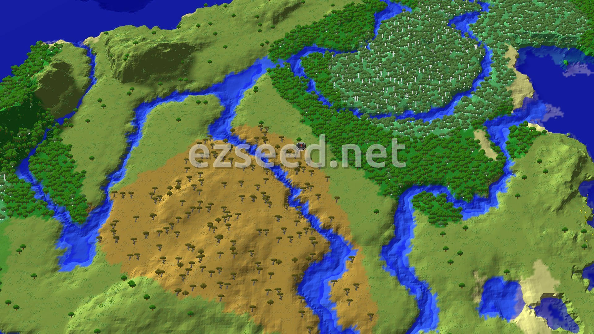 Aerial Minecraft seed map — Savanna Spawn With Lush Caves and a Nearby Village