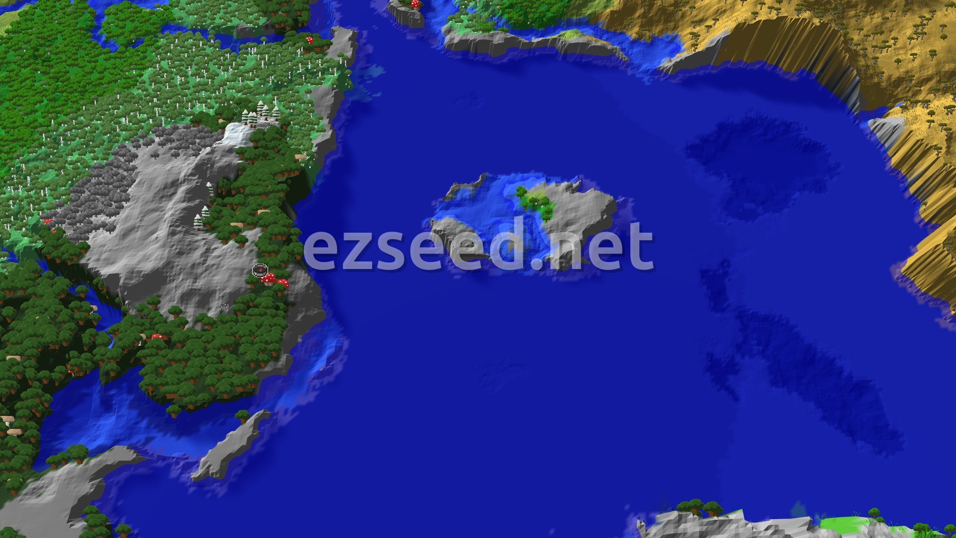 An aerial view of a varied landscape featuring dark forests, a snowy mountain peak, a stony shore, and vast blue oceans, with a small island in the distance.