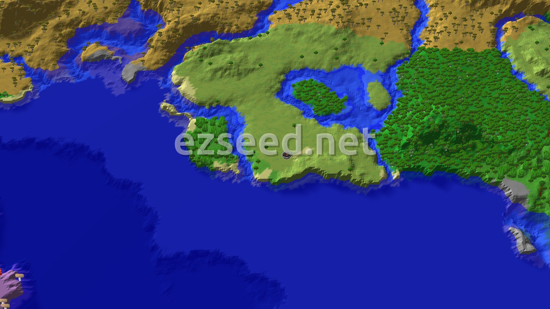 An aerial view shows a spawn marker on a beach, with plains and dense jungle nearby, surrounded by ocean.