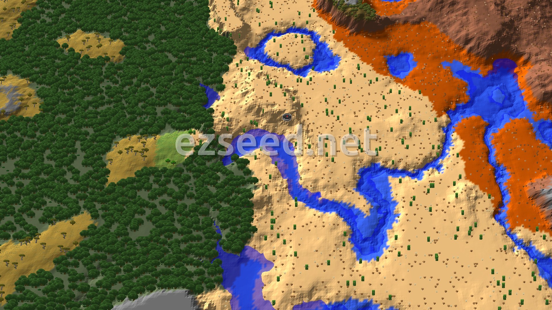An overhead view shows a large desert biome, marked with a small spawn point, featuring a winding blue river. To the west, a dense, dark green forest stretches, while to the east, red-orange badlands rise.