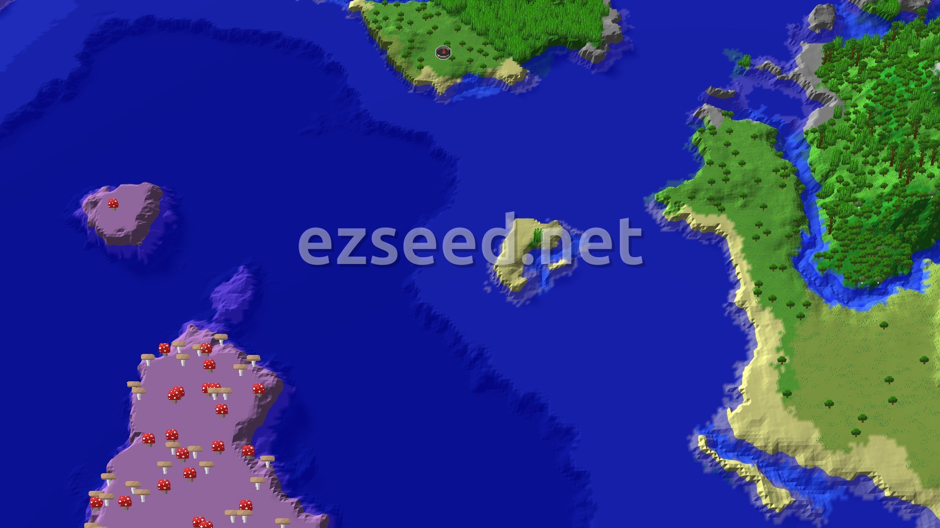 A 3D fly-over view of a Sparse Jungle peninsula with a small spawn marker, showing dense jungle foliage and surrounding ocean.