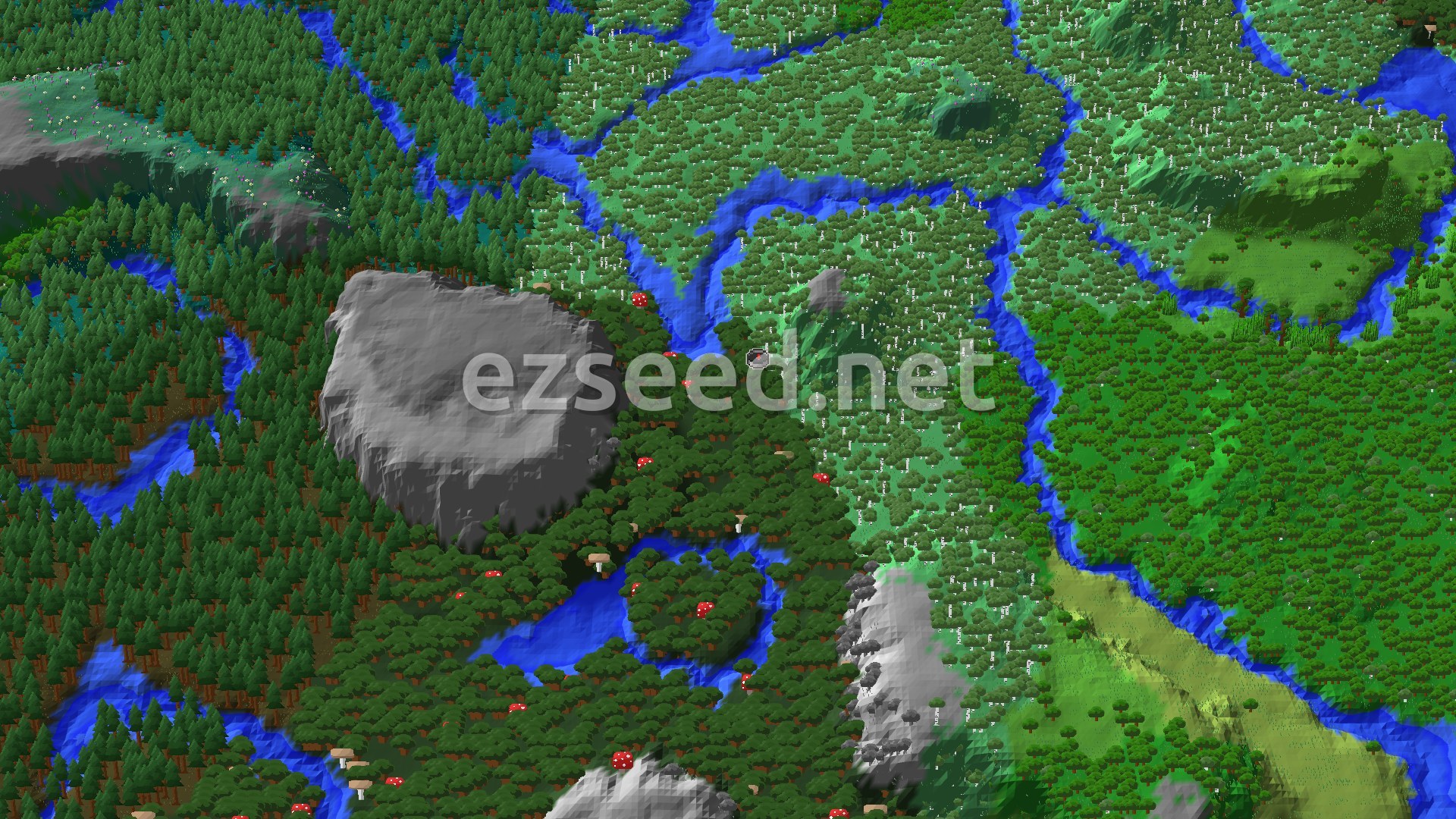 Aerial Minecraft seed map — Pale Garden near Old Growth Birch Forest Spawn